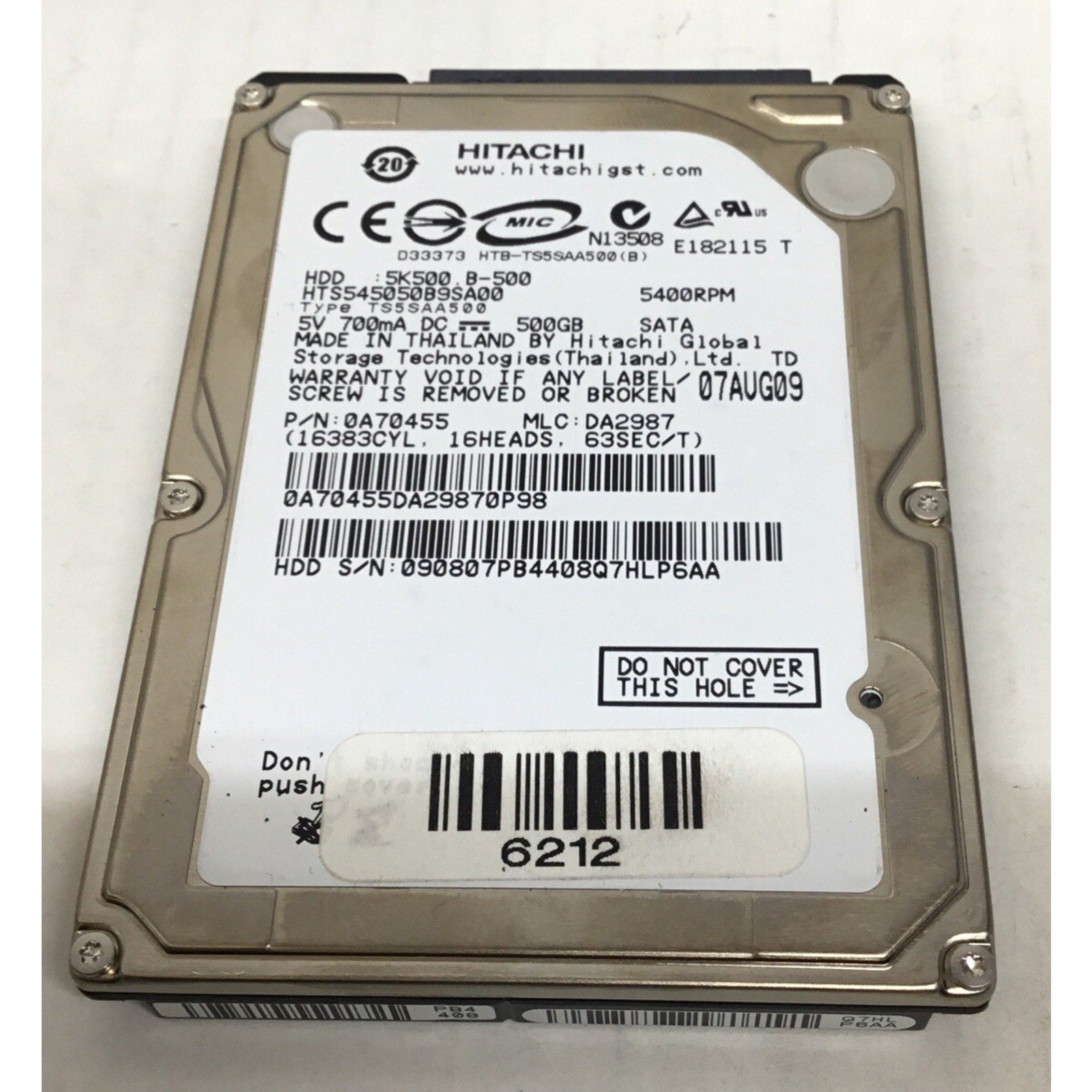 Hitachi HTS545050B9SA00 500GB 5400RPM 2.5" SATA Hard Drive 0A70455