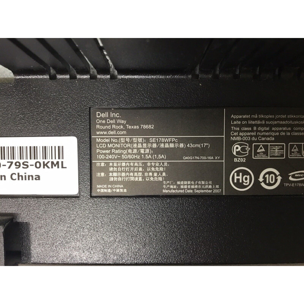 Dell SE178WFPC 18" Widescreen 1440 x 900 LCD Computer Monitor W/ Power Cord