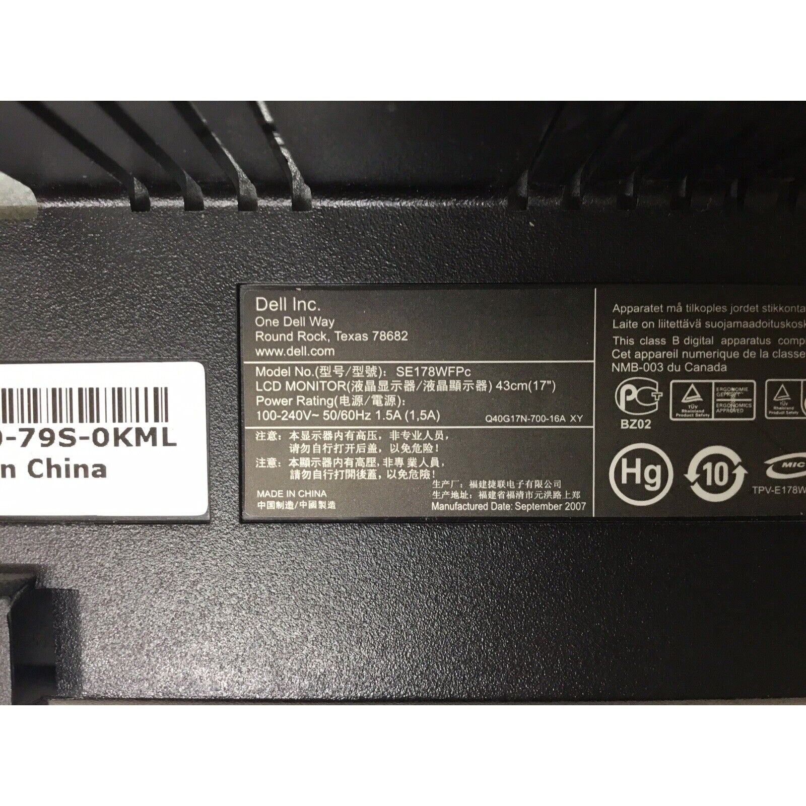 Dell SE178WFPC 18" Widescreen 1440 x 900 LCD Computer Monitor W/ Power Cord