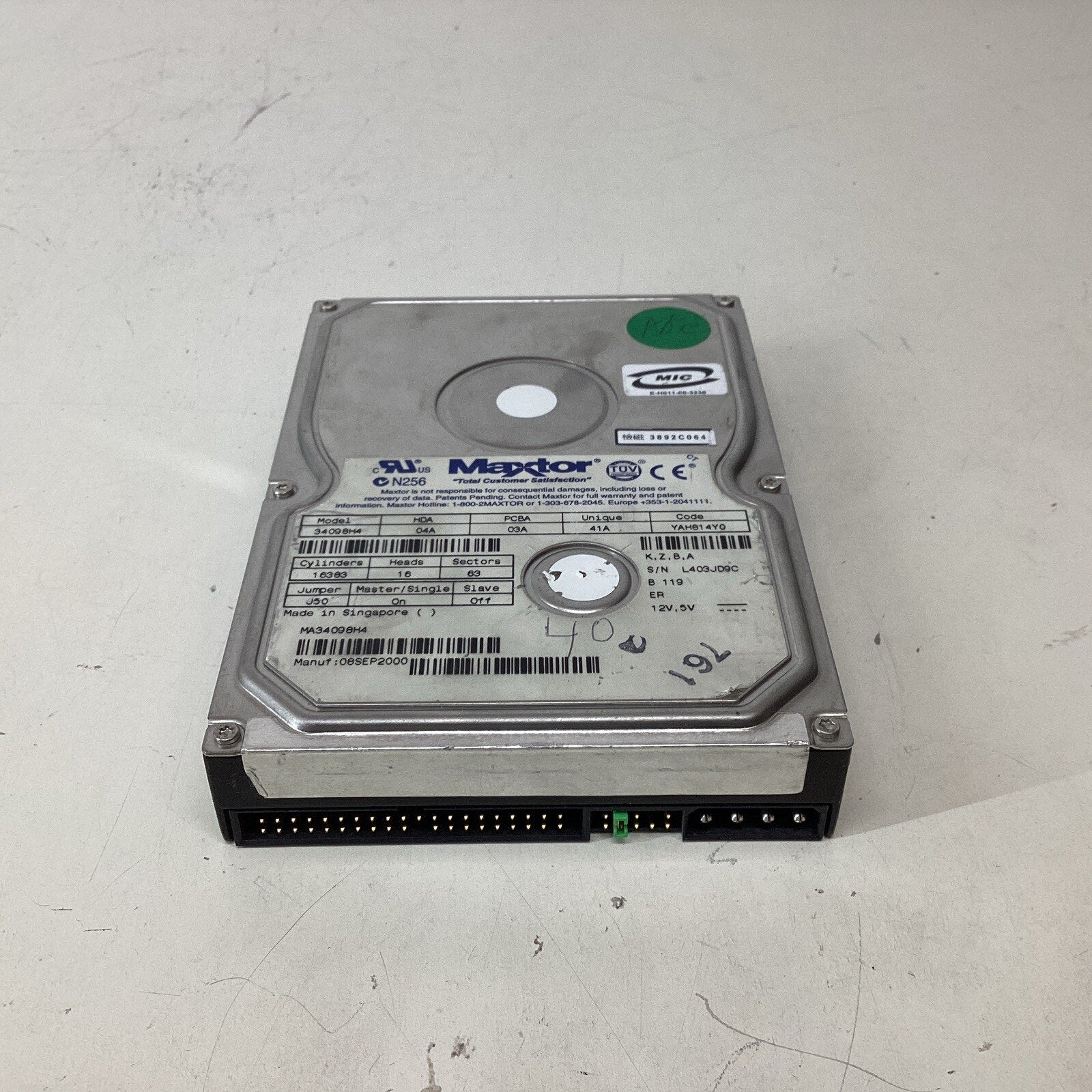 Maxtor 40GB DiamondMax VL 34098H4 3.5” IDE Hard Drive - For Parts