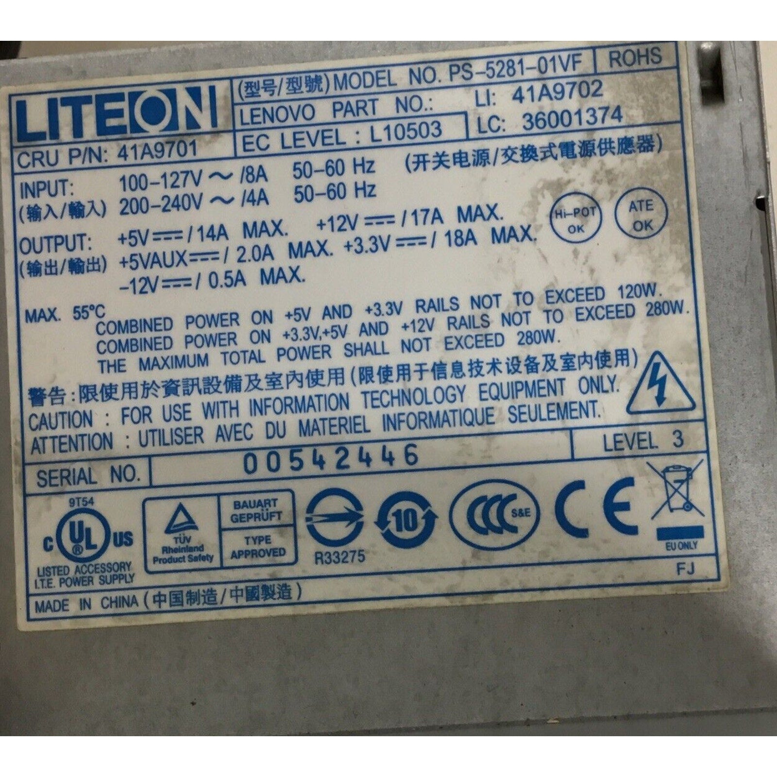 Parts Only Lite-On PS-5281-01VF 41A9702 280W Power Supply