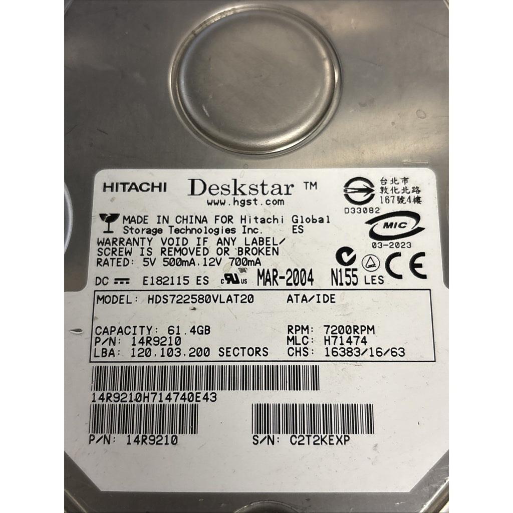 Hitachi Deskstar 61.4gb HDS722580VLAT20 IDE HDD P/N: 14R9210 7200RPM MLC: H71474