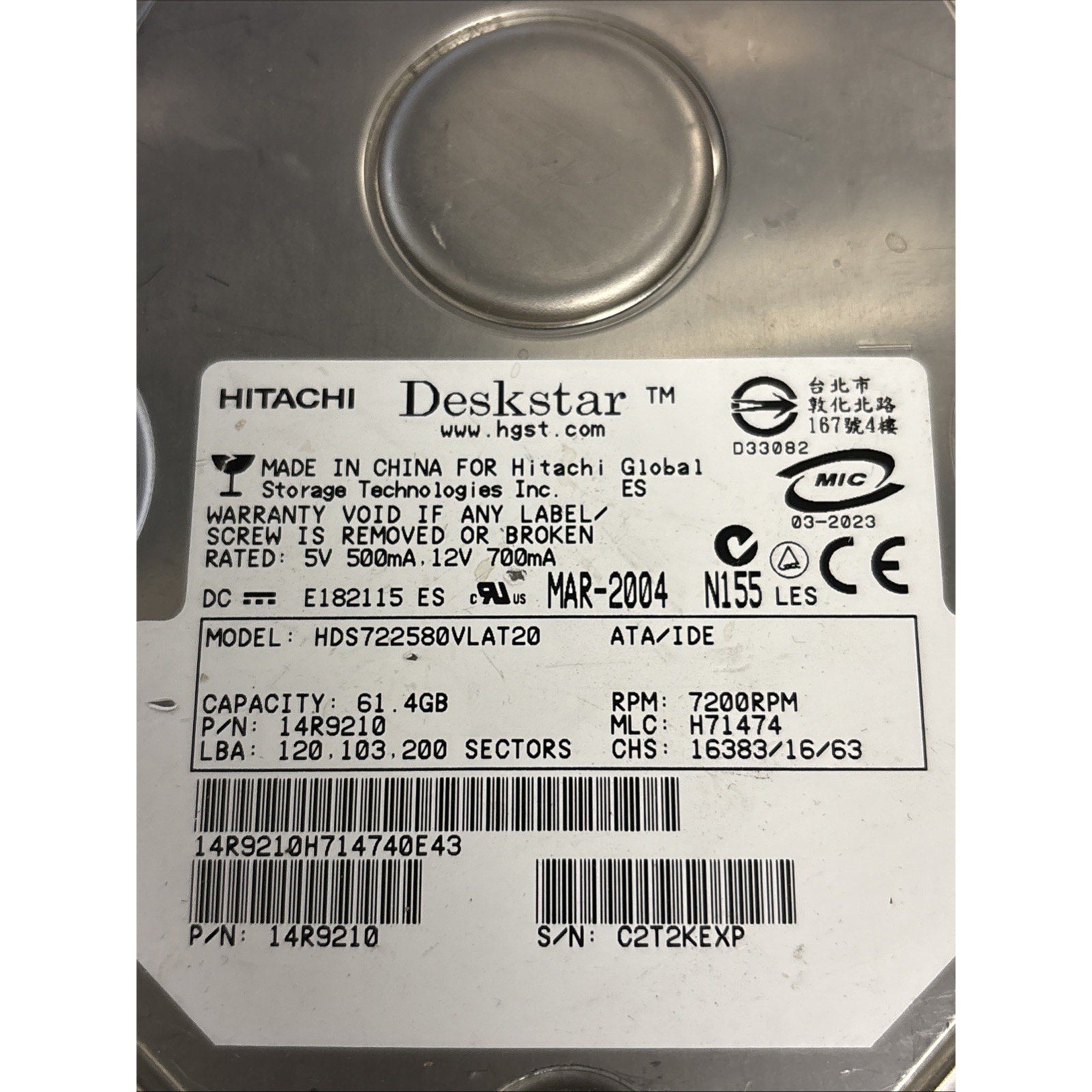 Hitachi Deskstar 61.4gb HDS722580VLAT20 IDE HDD P/N: 14R9210 7200RPM MLC: H71474