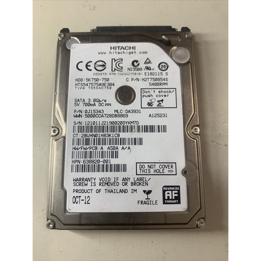 Hitachi 750Gb SATA 2.5" Hard Drive 5k750-750 HTS547575A9E384 0J15343 H2T750854S