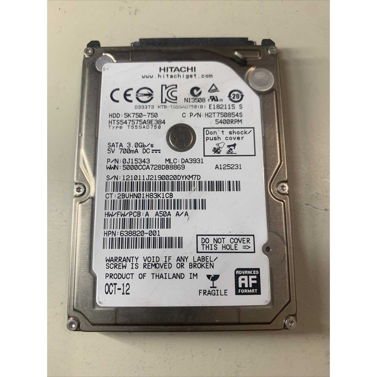 Hitachi 750Gb SATA 2.5" Hard Drive 5k750-750 HTS547575A9E384 0J15343 H2T750854S