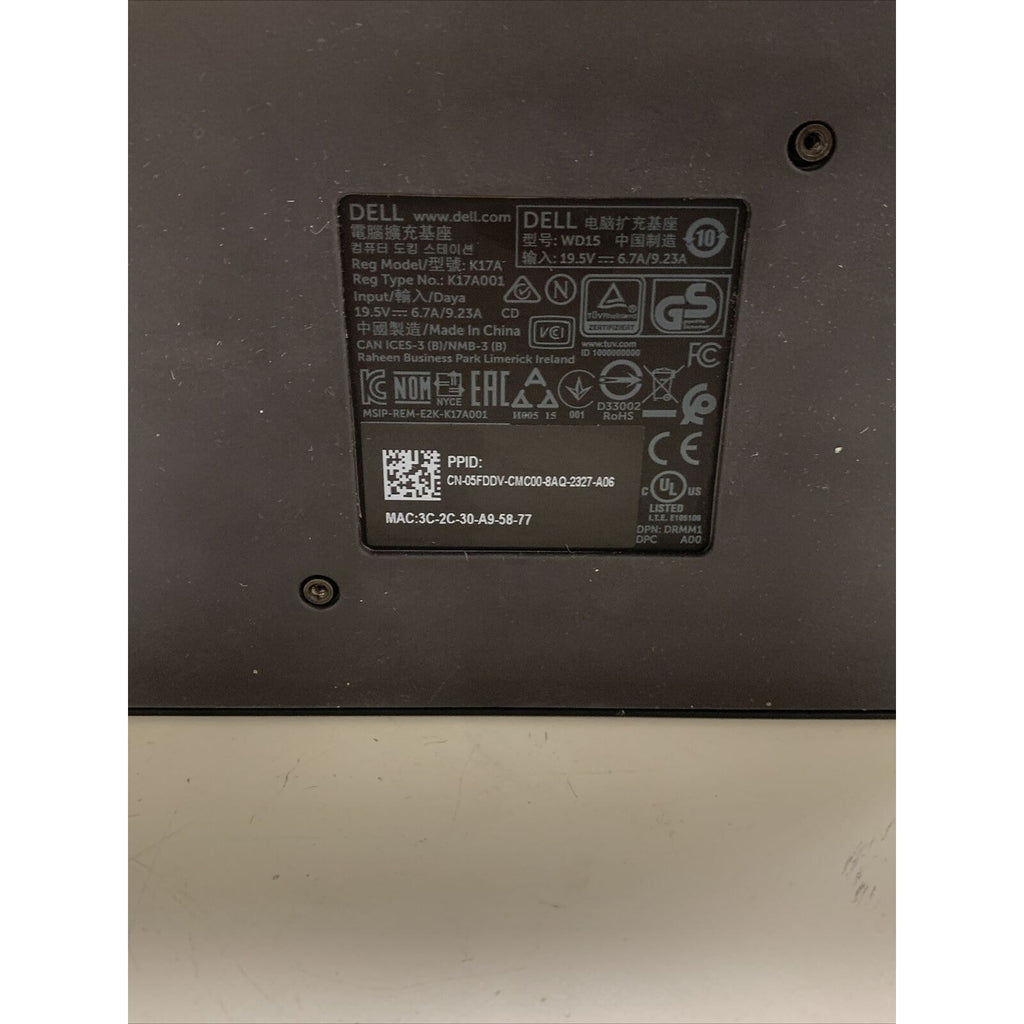 Dell WD15 K17A Docking Station USB-C 4K USB HDMI Ethernet - No Power Adapter