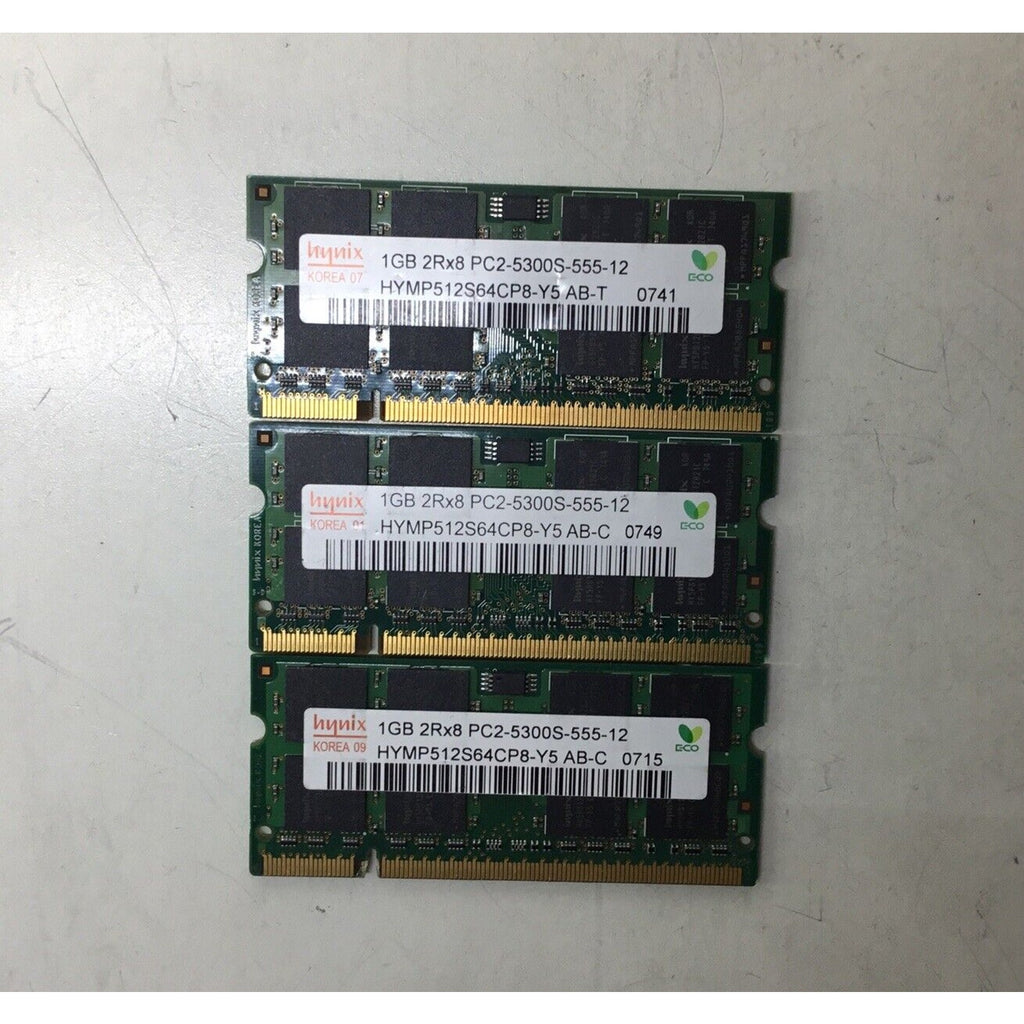 Lot of 3 - Hynix 1GB 2Rx8 PC2-5300S SDRAM DDR2 Memory HYMP512S64CP8-Y5 AB