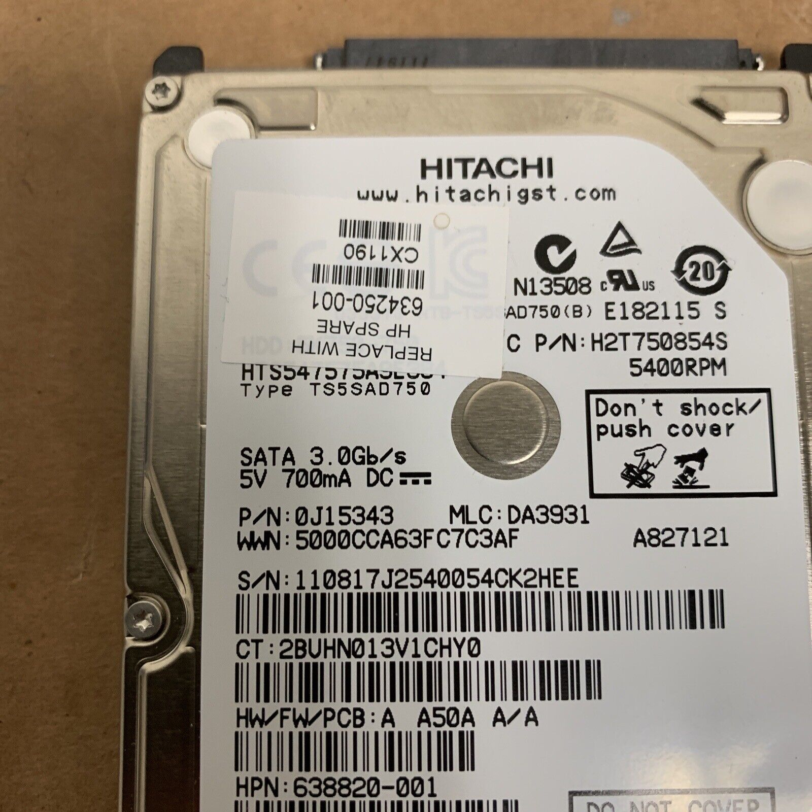 Hitachi 750GB SATA Drive 2.5" 5.4K 0J15343 638820-001 HTS547575A9E384 FW: A A50A