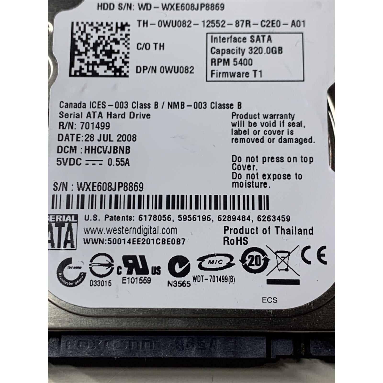 WD WD3200BEVT-75ZCT1 320GB SATA 2.5” Hard Drive 0WU082 2060-701499-000