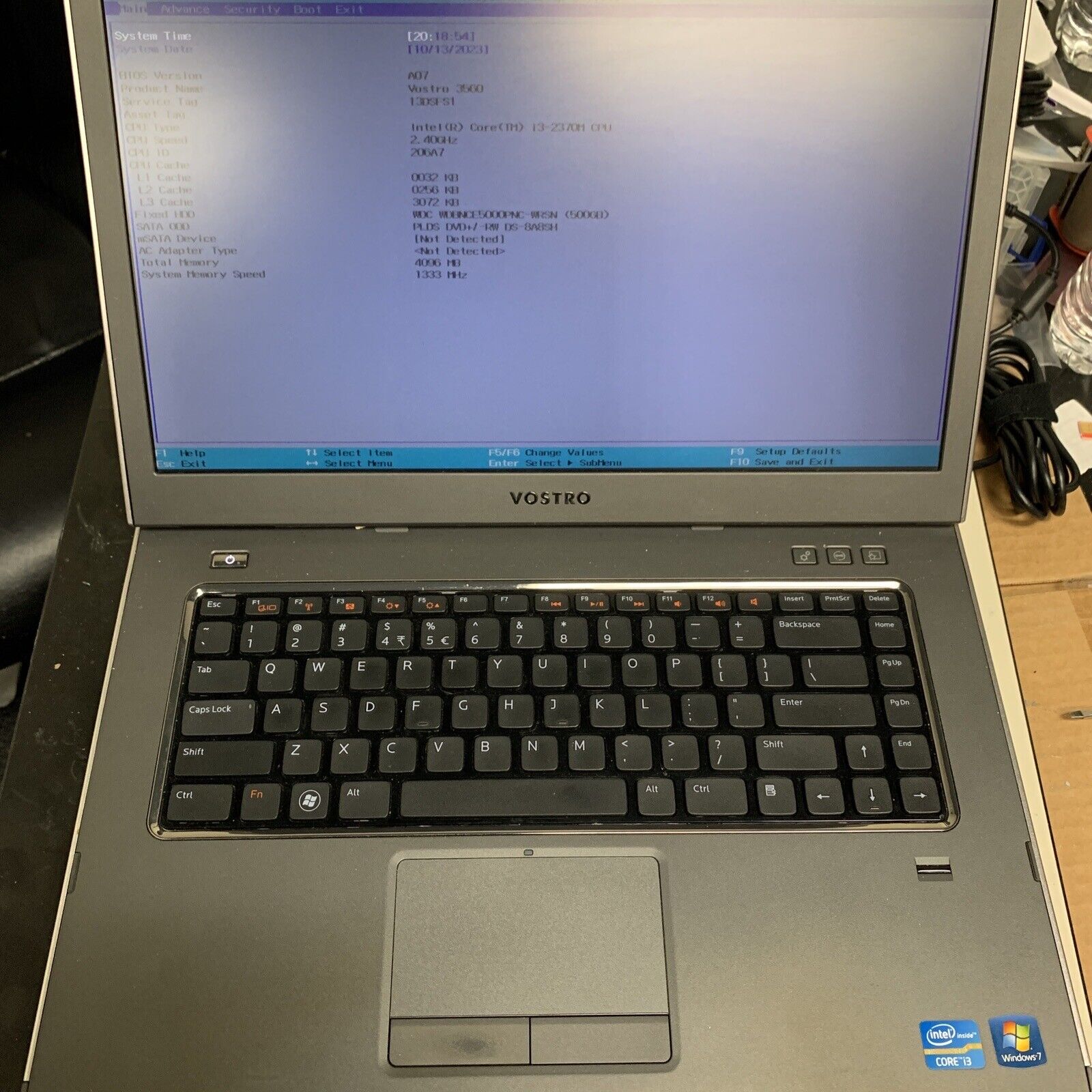 Dell Vostro 3560 15.6” Laptop i3-2370M 2.40 GHz 4GB 500GB SSD HDD Win10 W/ Cord