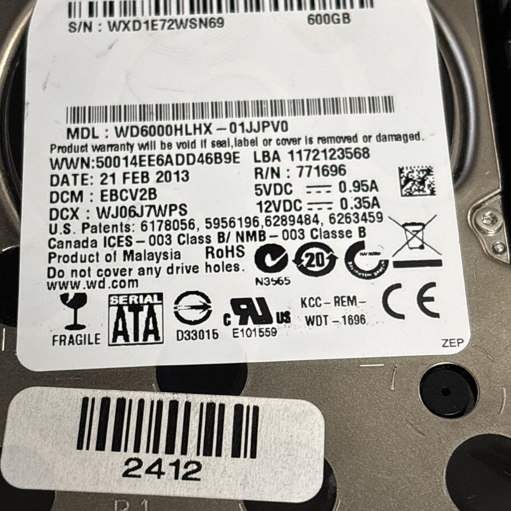 HP 600GB 10K RPM SATA 3.5" Hard Drive WD6000HLHX 637005-001