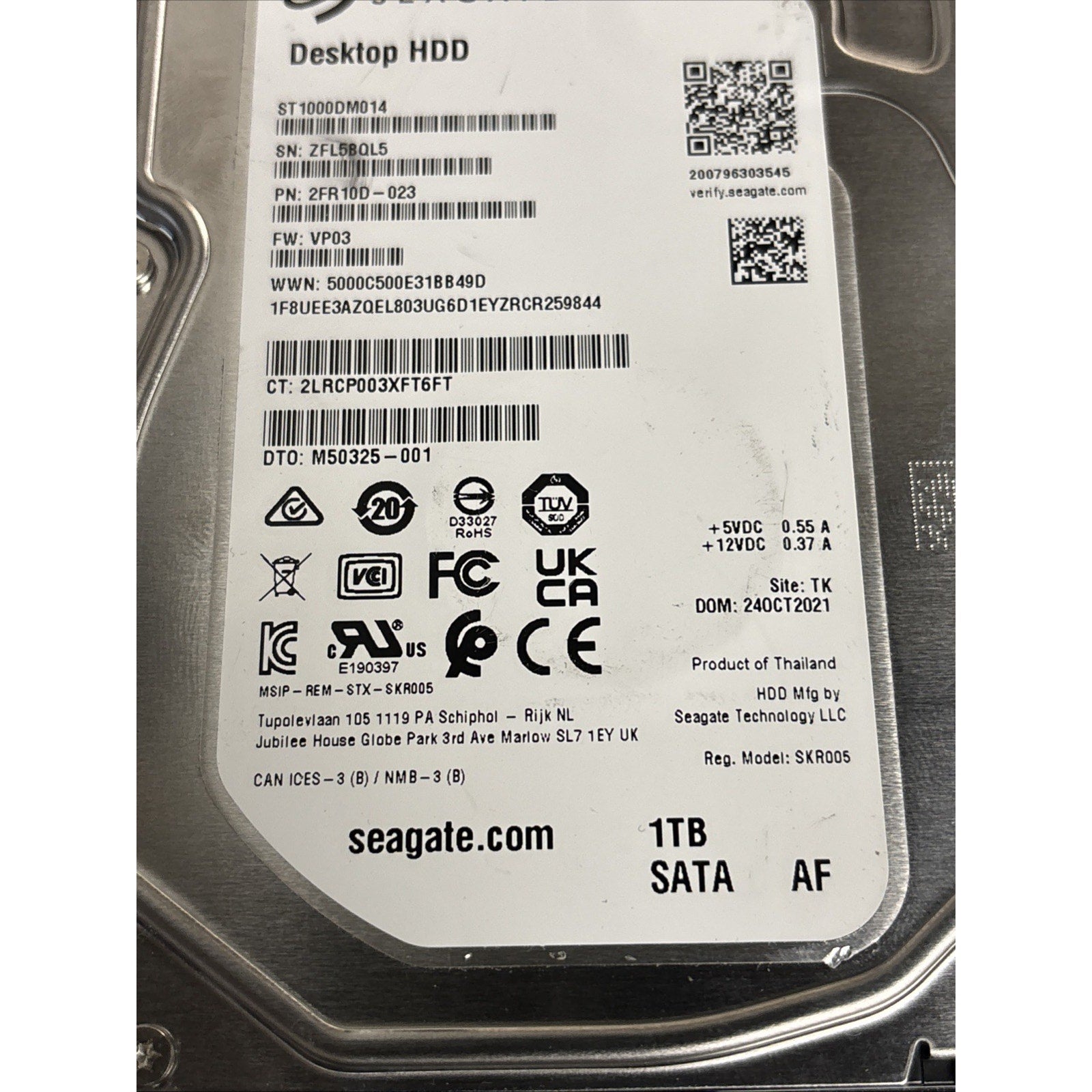 Seagate BarraCuda 1TB 3.5" 7200rpm Hard Drive ST1000DM014 2FR10D-023 FW VP03