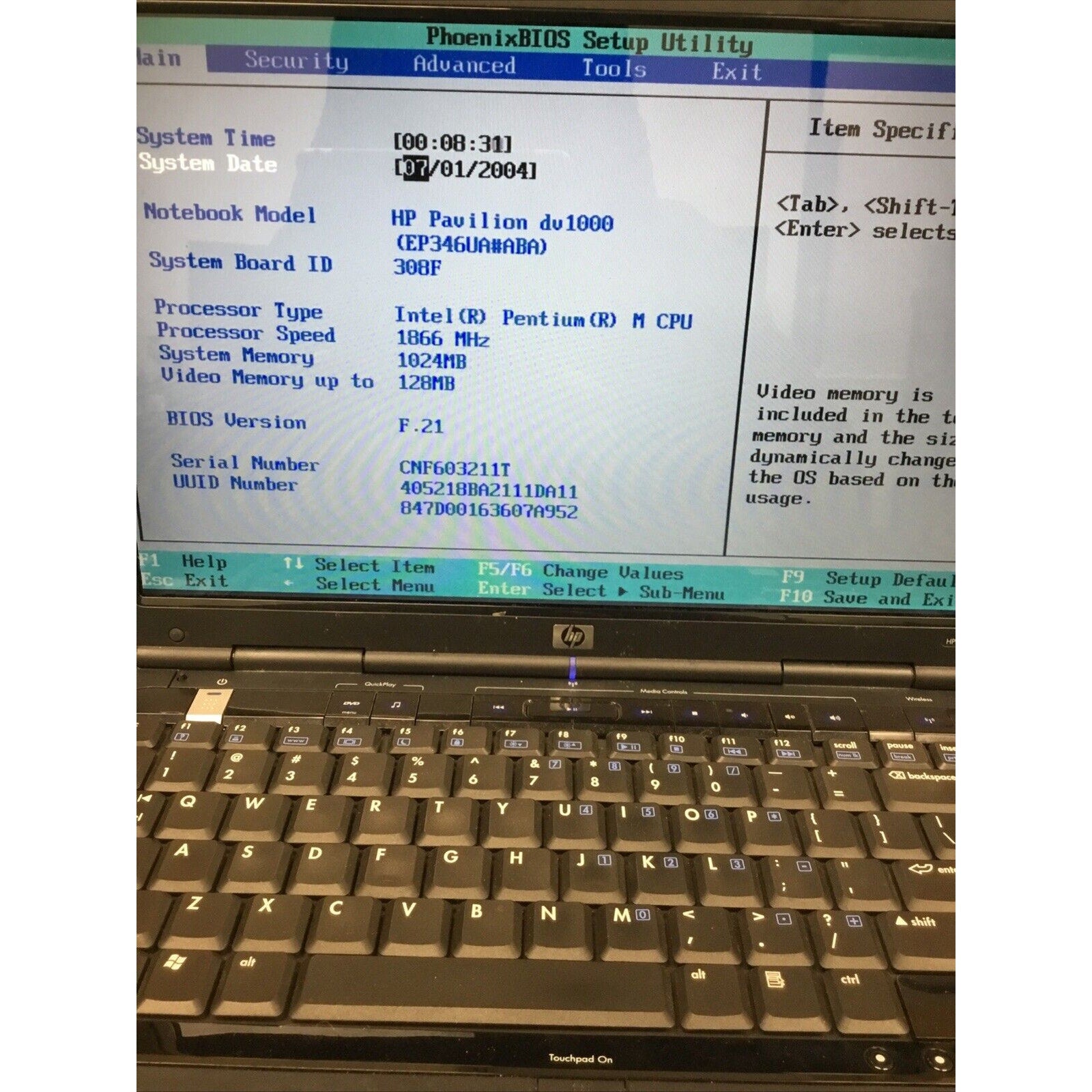 HP Pavilion Entertainment Notebook DV1000 Laptop FOR PARTS or REPAIR