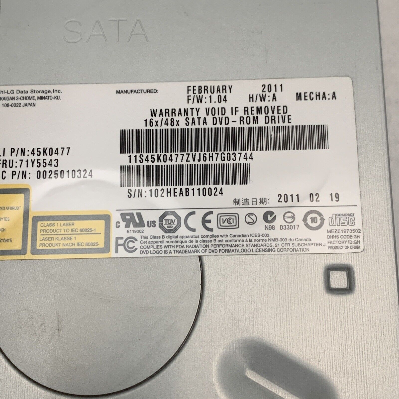 Hitachi-LG DVD-ROM Drive Model DH40N Dell Desktop SATA Lenovo P/N: 45K0477