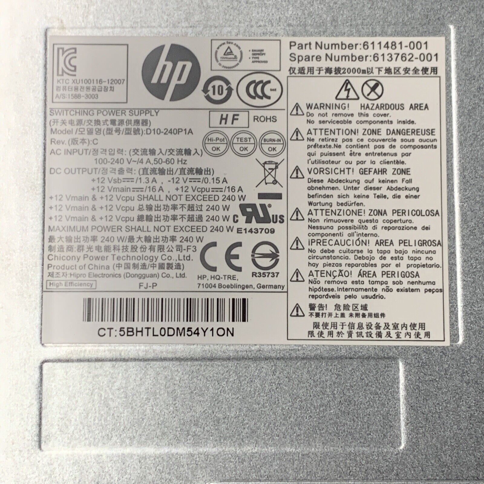 HP Switching Power Supply Model D10-240P1A P/N 611481-001 / 613762-001 240W