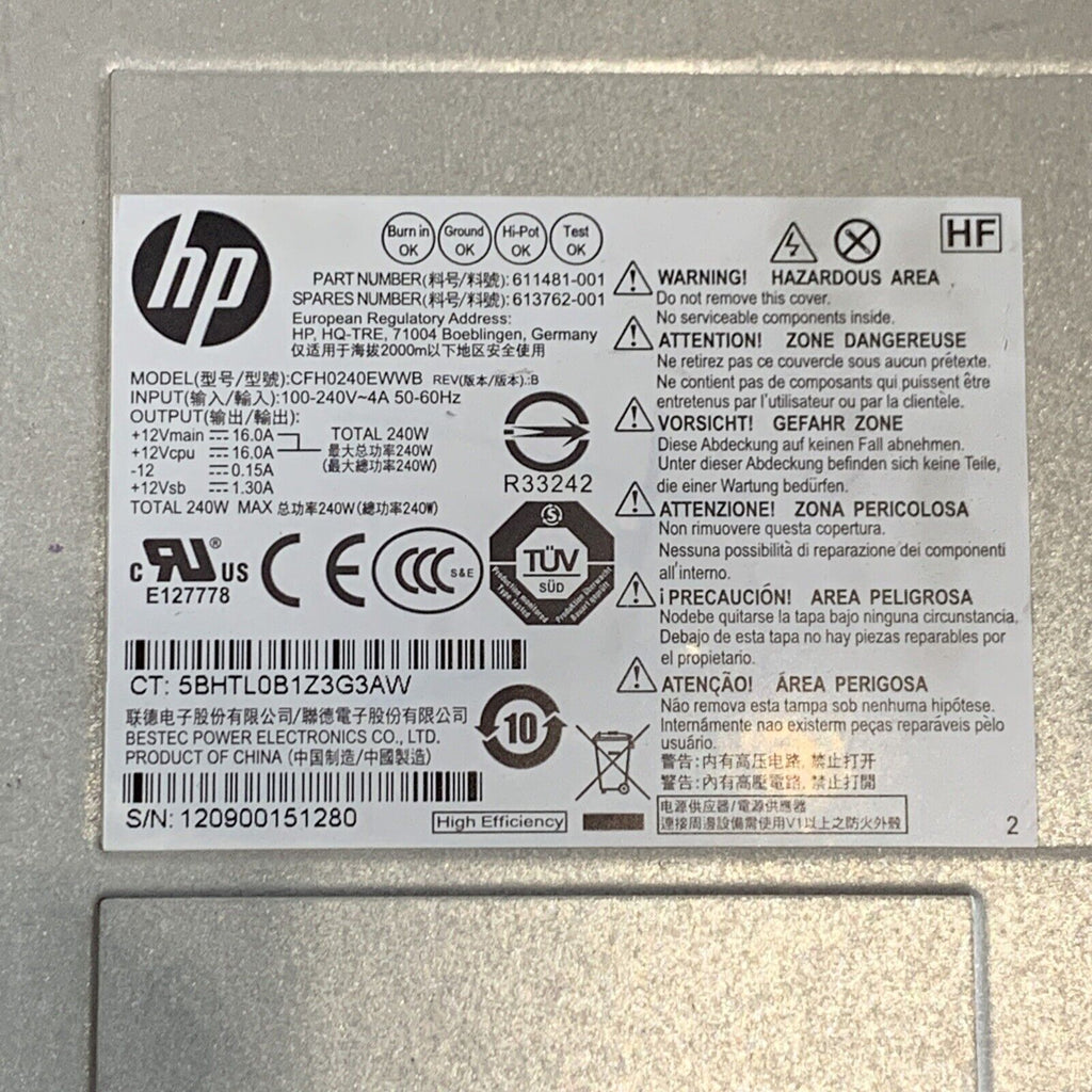 HP Compaq 6200 6300 SFF CFH0240EWWB 240W Power Supply P/N: 611481-001/613762-001