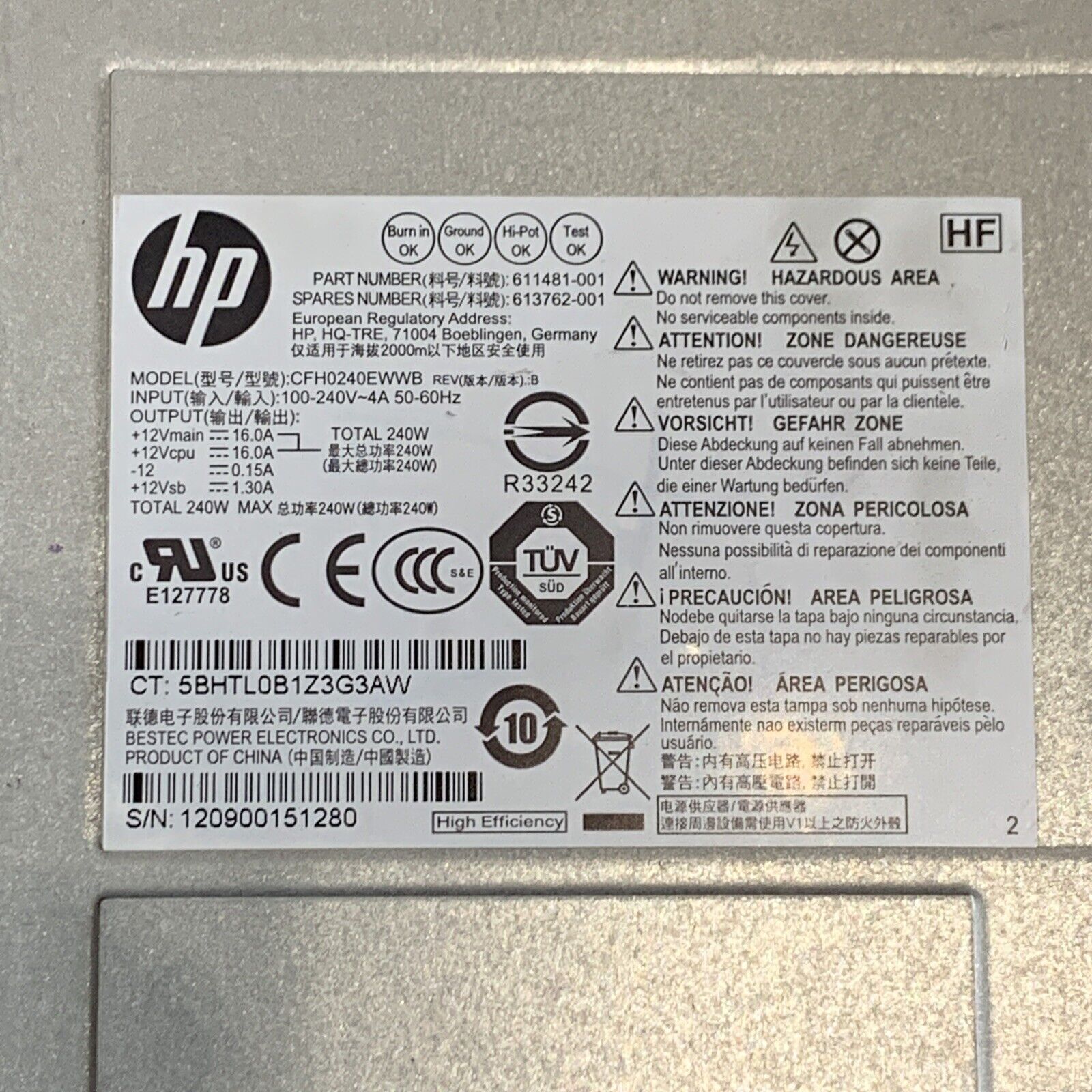 HP Compaq 6200 6300 SFF CFH0240EWWB 240W Power Supply P/N: 611481-001/613762-001