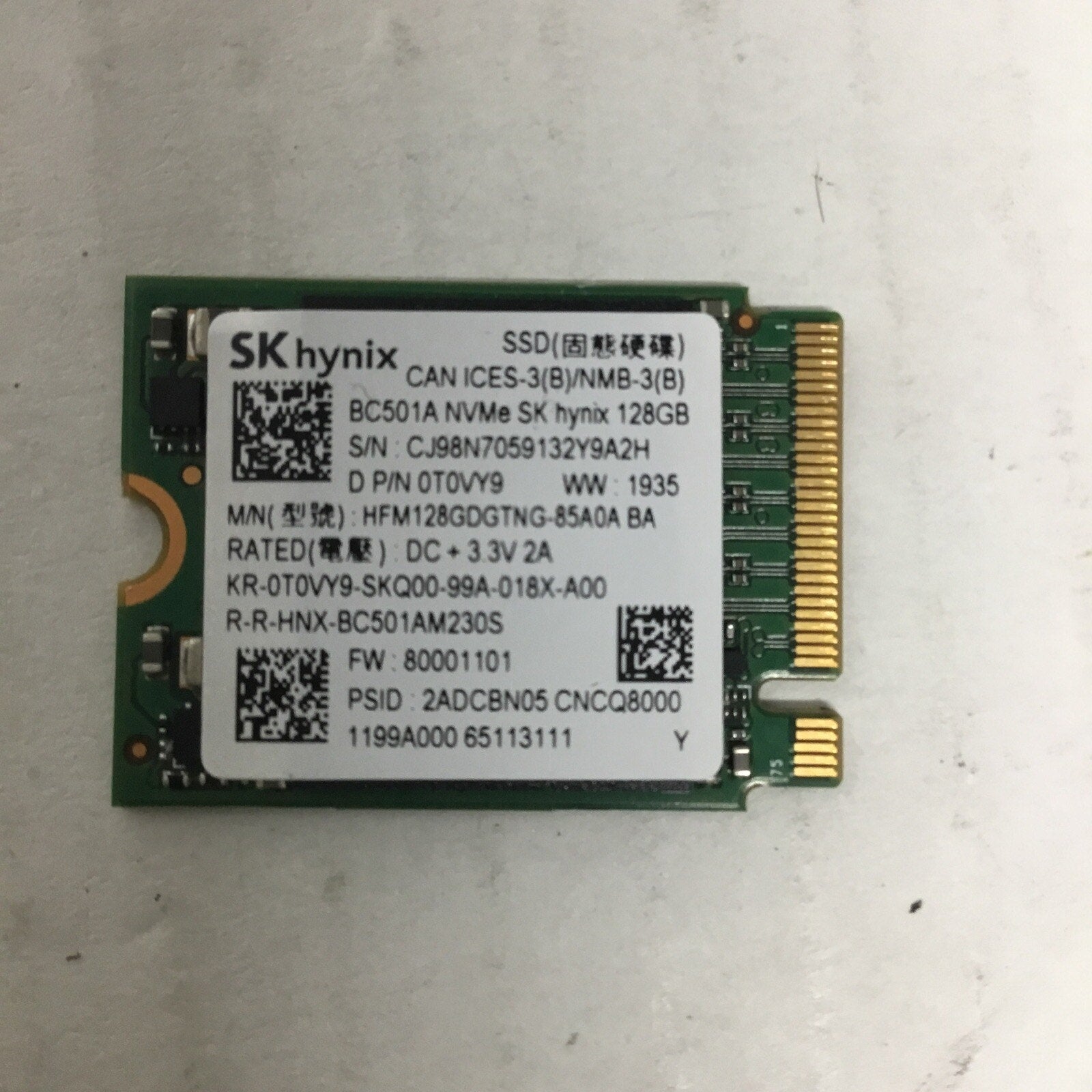 FOR PARTS Dell 5300 SK Hynix 128GB NVMe M.2 SSD Drive HFM128GDGTNG-85A0A T0VY9
