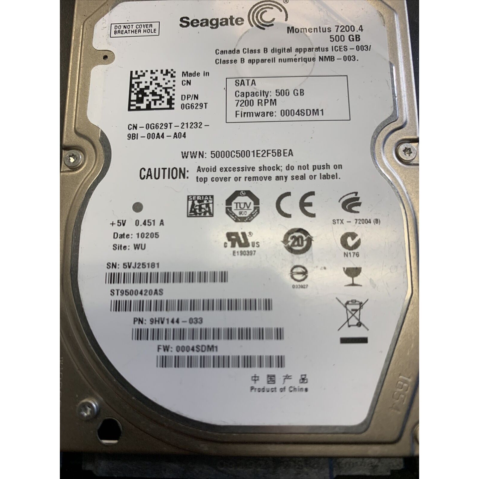 Seagate 500GB SATA 2.5" 7200RPM HDD Hard Drive ST9500420AS 9HV144-033 Dell G629T