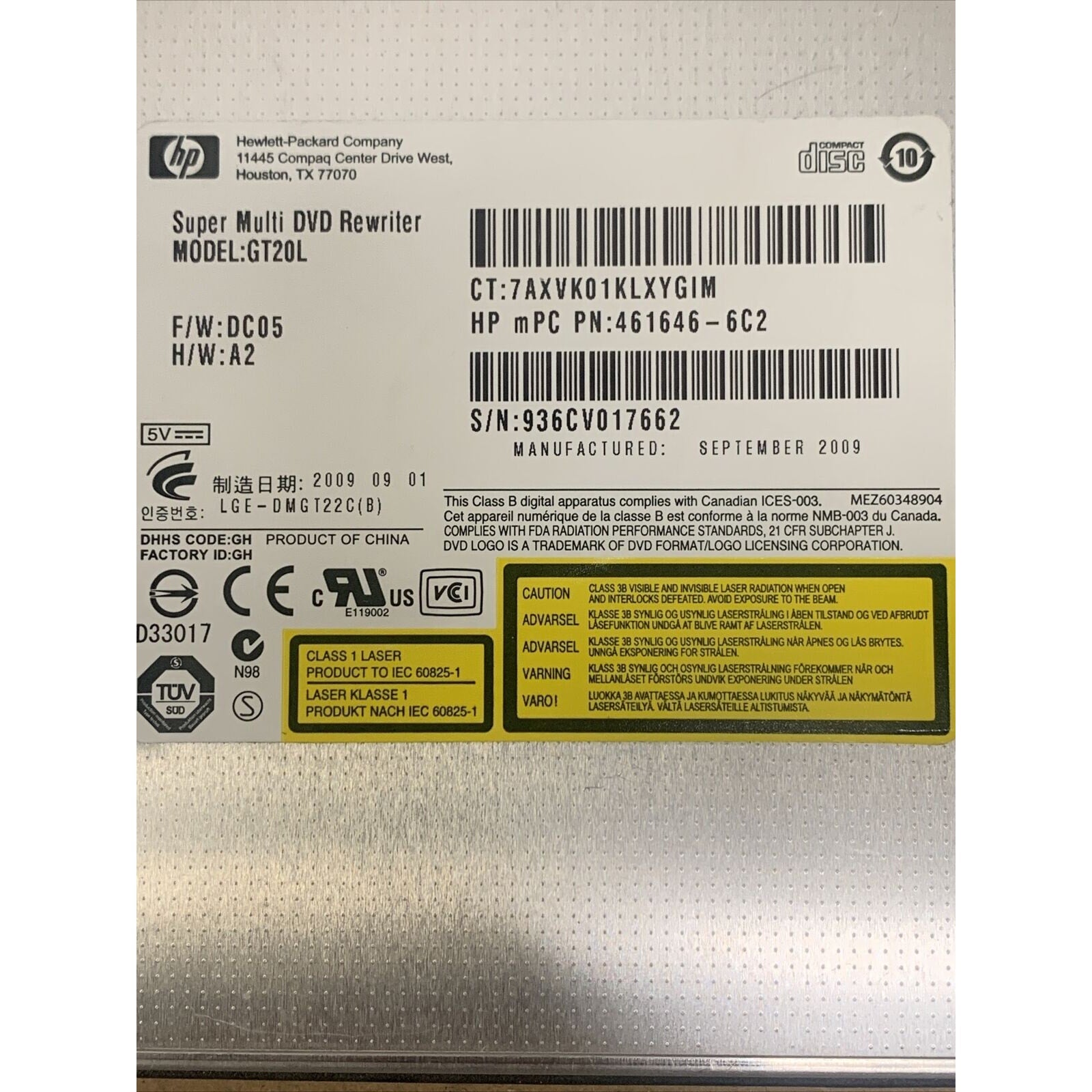 HP Pavilion DV4 DVD-RW GT20L DVD Rewriter No Bezel 486262-001 461646-6C2