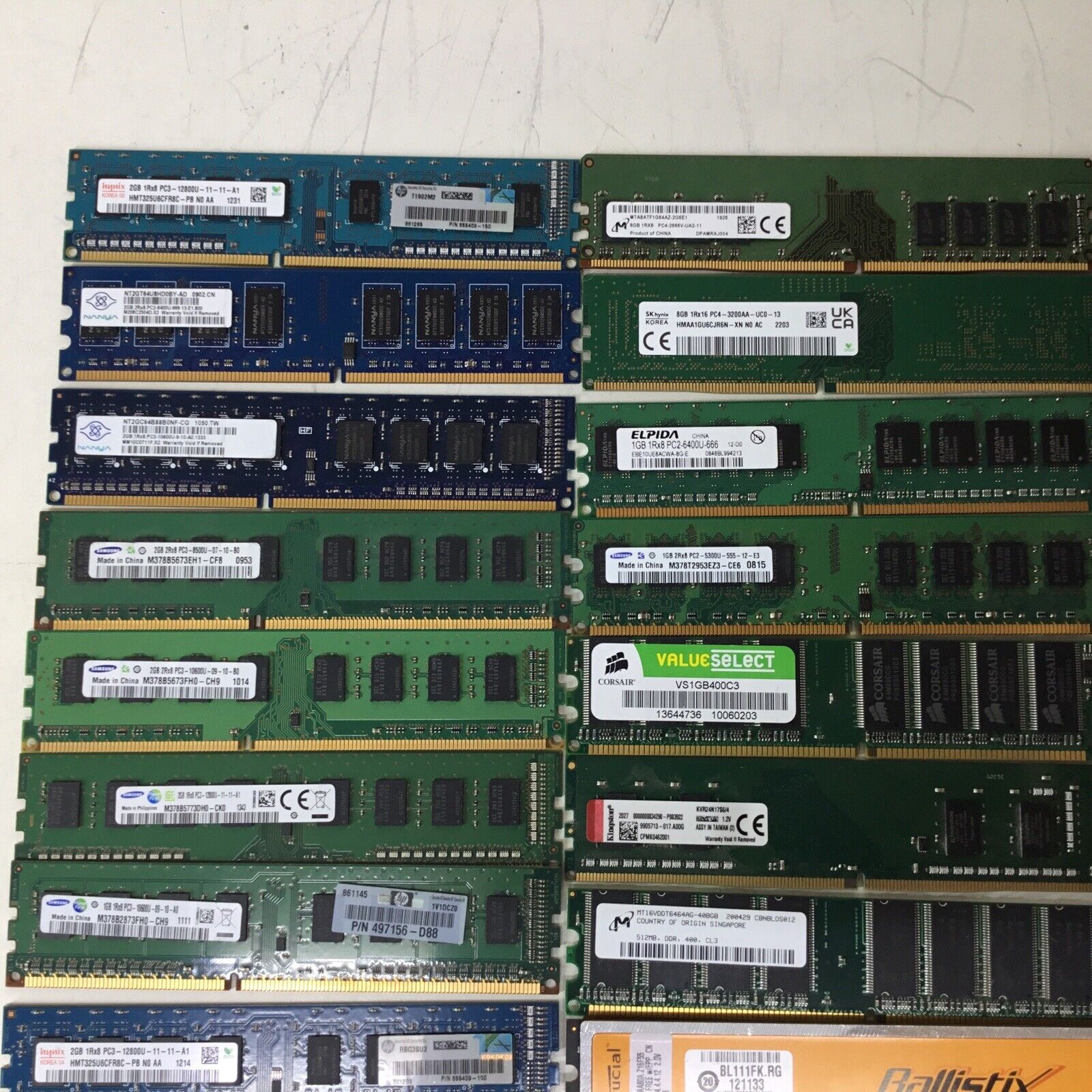 Lot of 20 Mixed RAM Memory 512MB, 1GB, 2GB, 8GB, Samsung, Hynix, Nanya, Micron