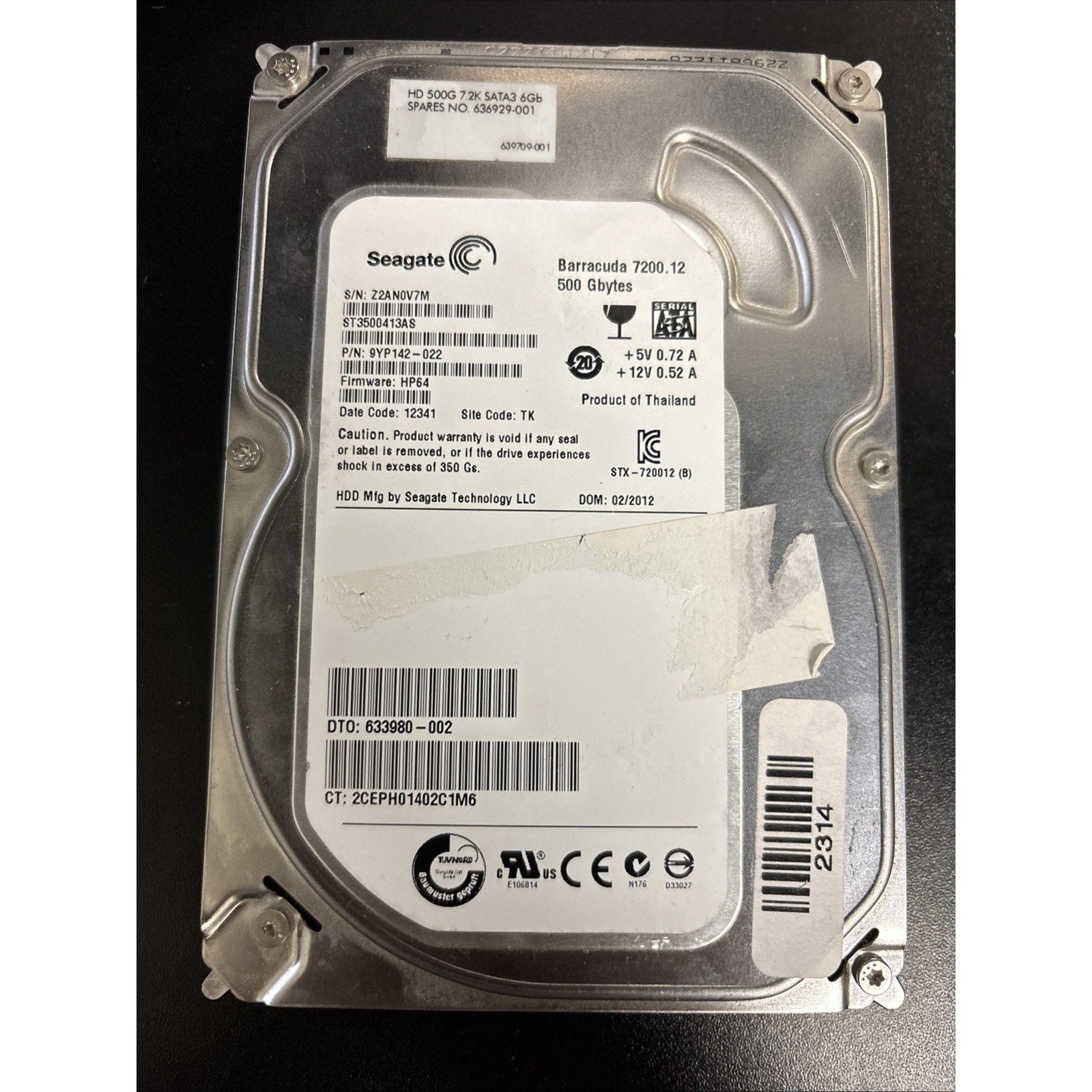 Seagate ST3500413AS 7200.12 500GB 7200RPM SATA 6Gbps 3.5in 9YP142-022 FW: HP64