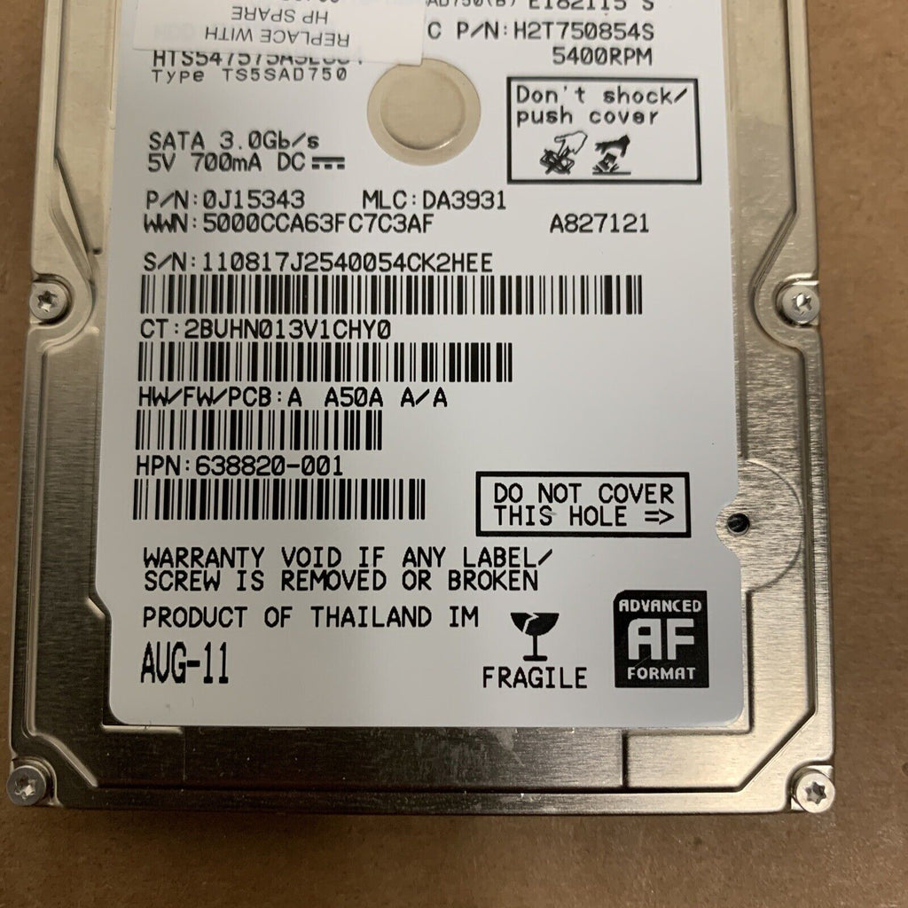 Hitachi 750GB SATA Drive 2.5" 5.4K 0J15343 638820-001 HTS547575A9E384 FW: A A50A