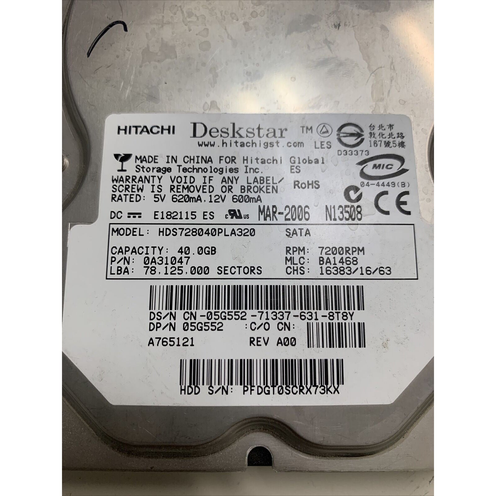 Hitachi HDS728040PLA320 40GB 3.5” SATA Desktop Hard Drive P/N: 0A31047