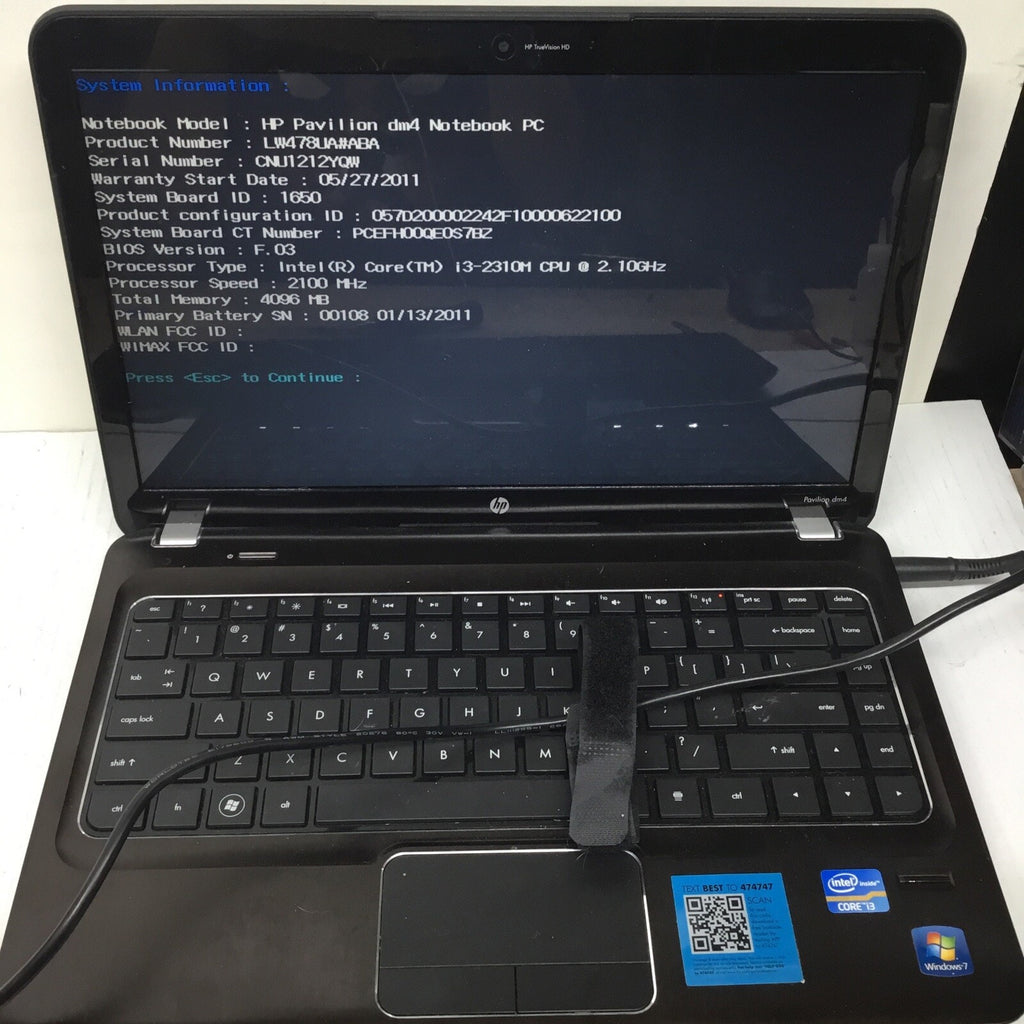 For Parts HP Pavilion dm4 Intel Core i3-2310M 2.1GHz No Adapter No HDD Bad Batt