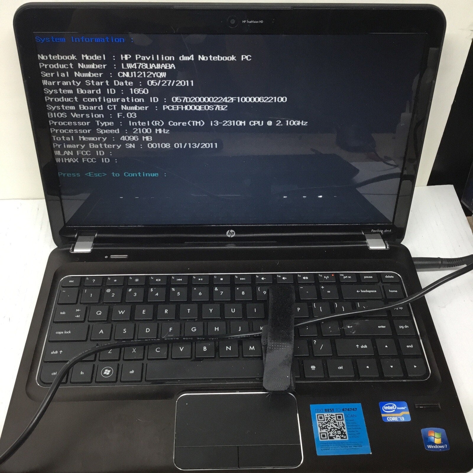 For Parts HP Pavilion dm4 Intel Core i3-2310M 2.1GHz No Adapter No HDD Bad Batt