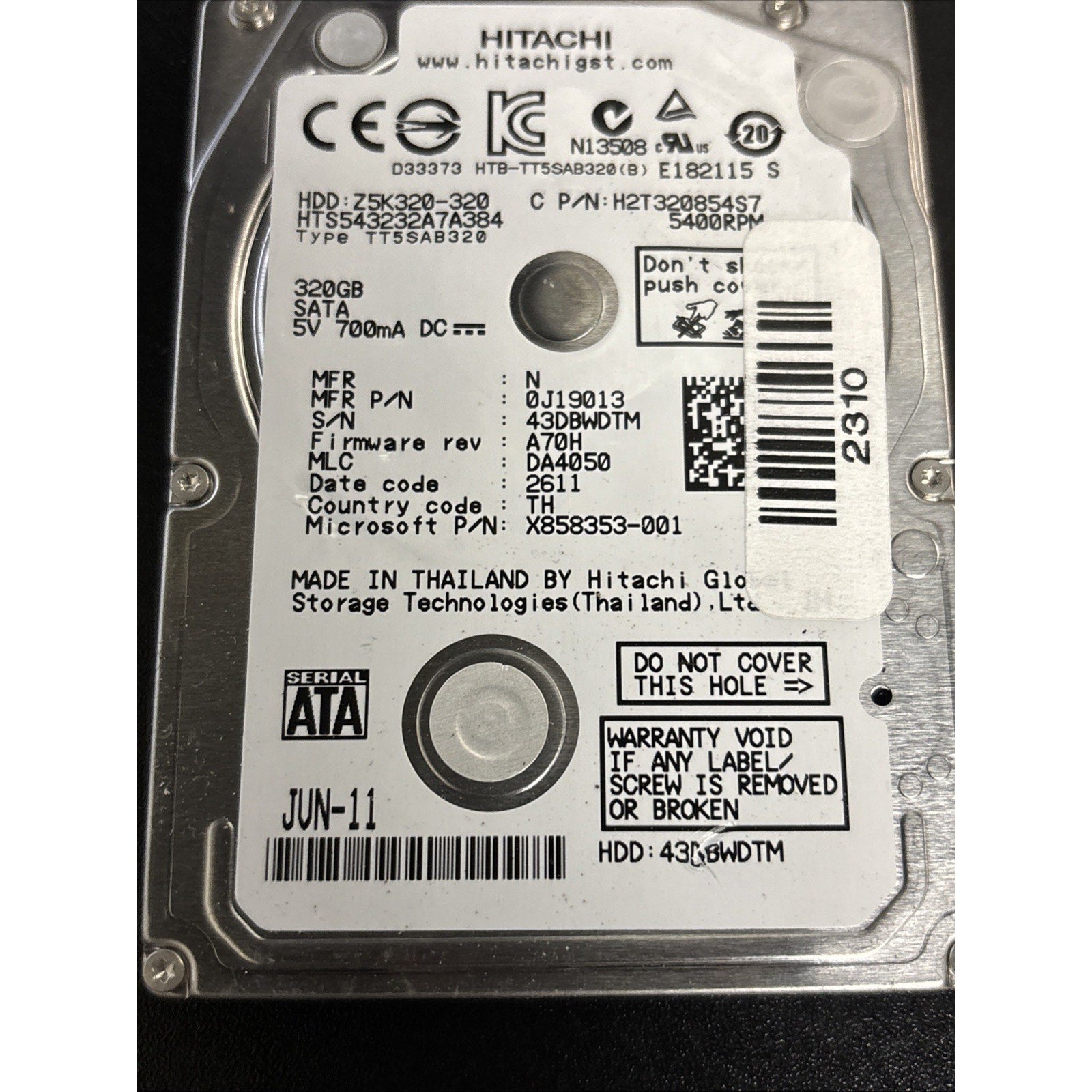 HGST 320GB 5400RPM HDD HARD DRIVE H2T320854S7 0J19013 Z5K320-320 HTS543232A7A384