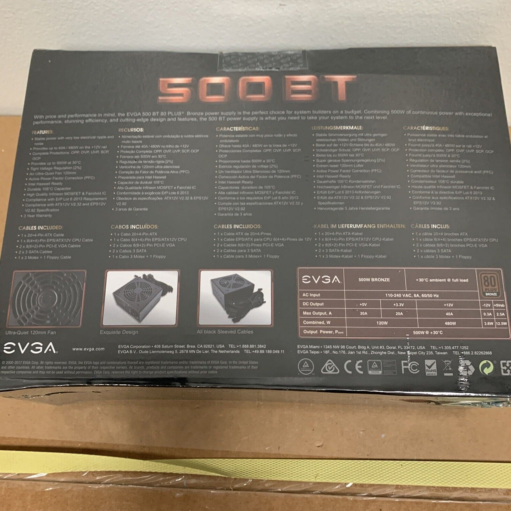 EVGA 500 BT, 80+ Bronze, 500W, Power Supply 100-BT-0500-K1 - Brand New