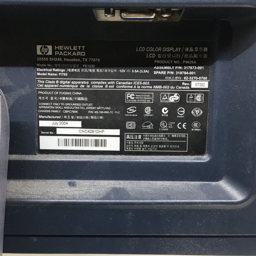 HP Pavilion f1703 P9620A Silver Monitor 17" With Power Adapter & Video Cable