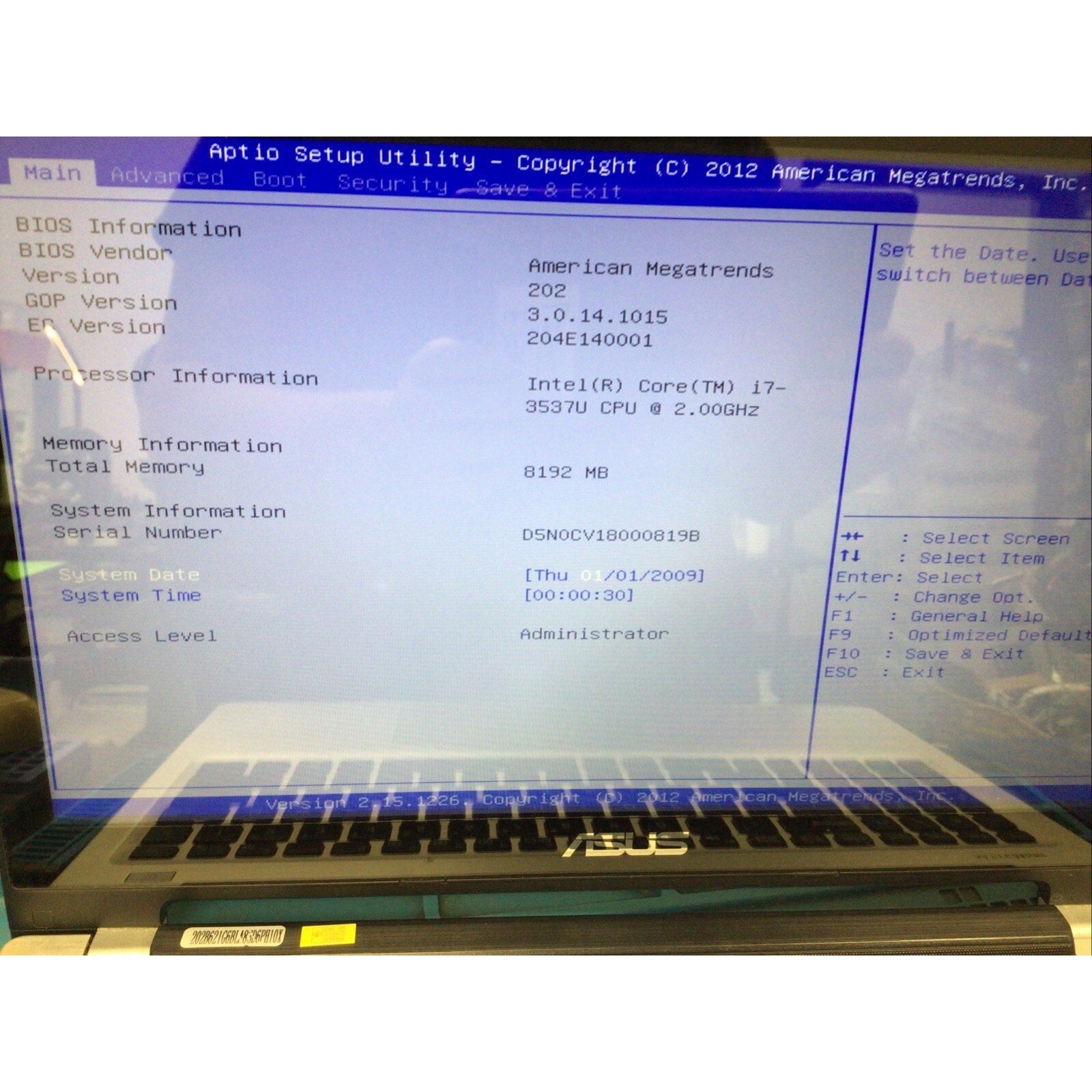 Asus V550CA-DB71T 15.6" Core i7 3537U 8GB RAM NO HDD FOR PARTS or REPAIR