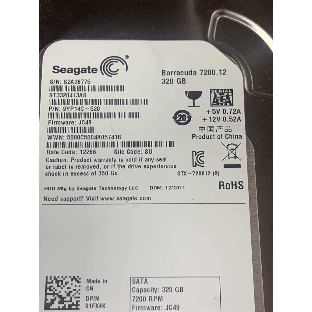 Seagate ST3320413AS 320GB 7200RPM SATA3 3.5" HDD 1FX4K P/N: 9YP14C-520 FW: JC49