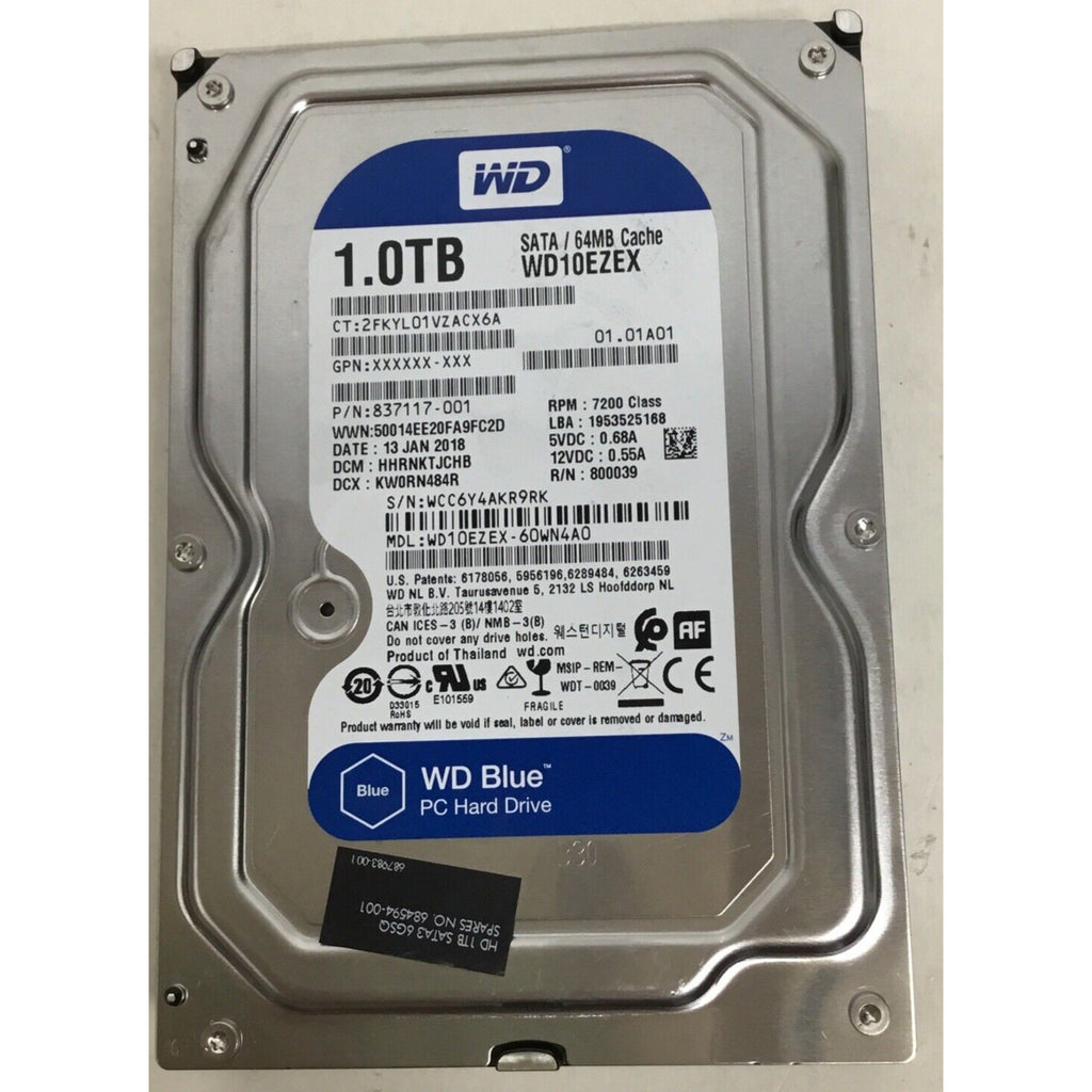 HPE 837117-001 1TB 7.2K SATA LFF 6Gbps Hard Drive | WD WD10EZEX-60WN4A0