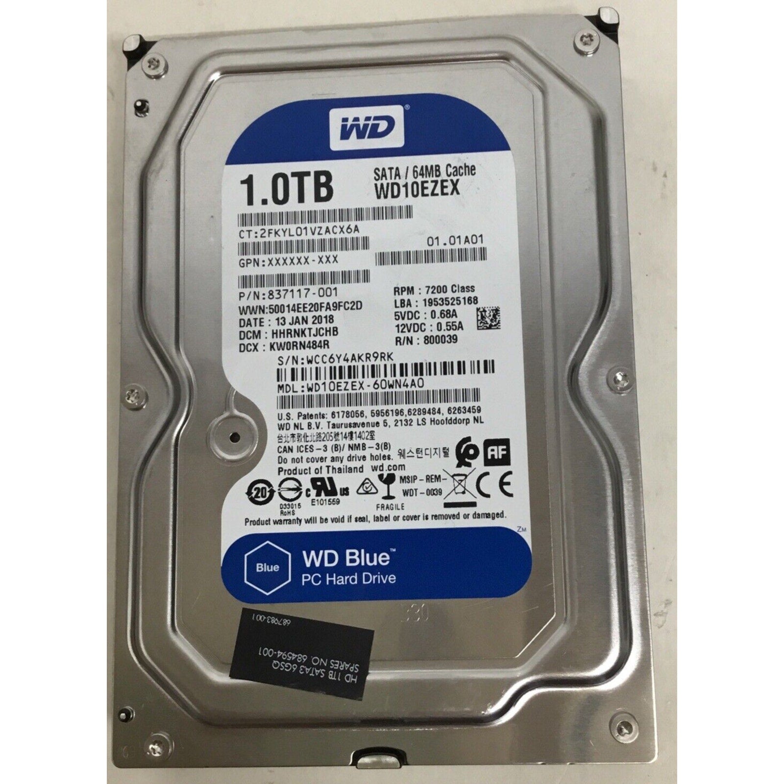 HPE 837117-001 1TB 7.2K SATA LFF 6Gbps Hard Drive | WD WD10EZEX-60WN4A0