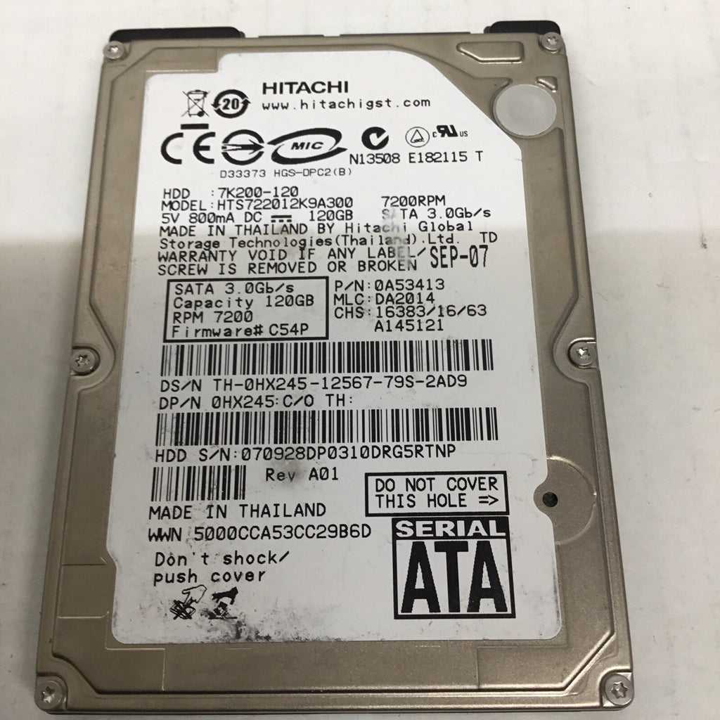 HITACHI 120GB HTS722012K9A300 7K200-120 7200RPM SATA Laptop Hard Drive 0A53413