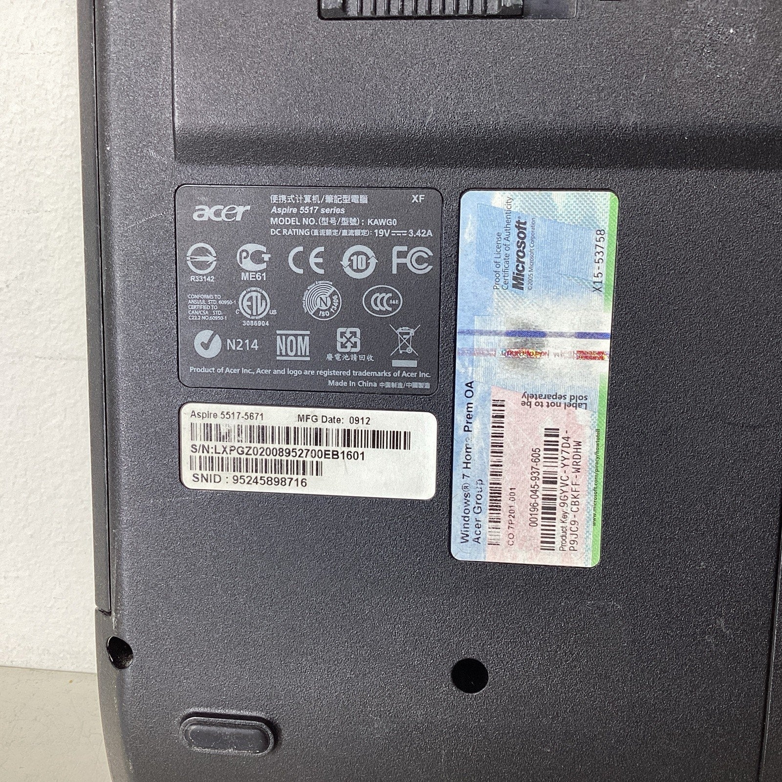 Acer Aspire 15.6" 5517-5671 Laptop AMD Vision 3GB RAM No HDD - For Parts