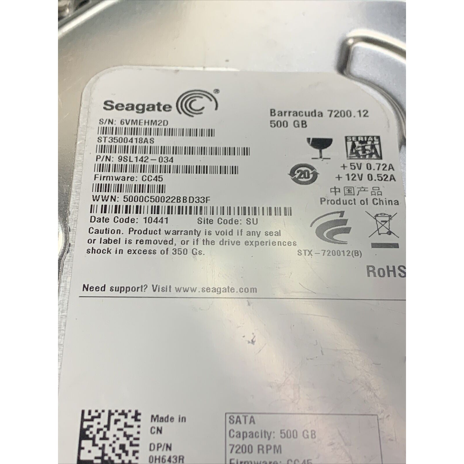 Seagate 500GB ST3500418AS 7200 RPM SATA 3.5" Desktop HDD Hard Drive - 9SL142-034