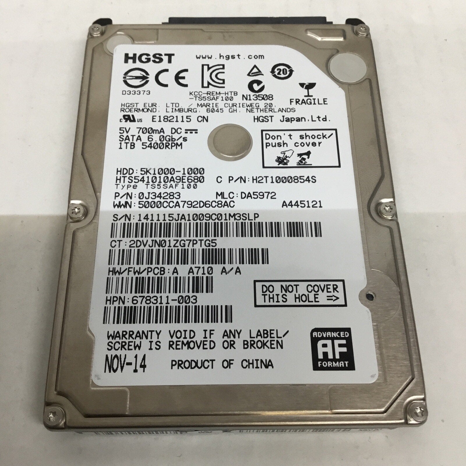 1TB HTS541010A9E680 5K1000-1000 HARD DRIVE5400RPM SATA 0J34283 2.5'' 678311-003