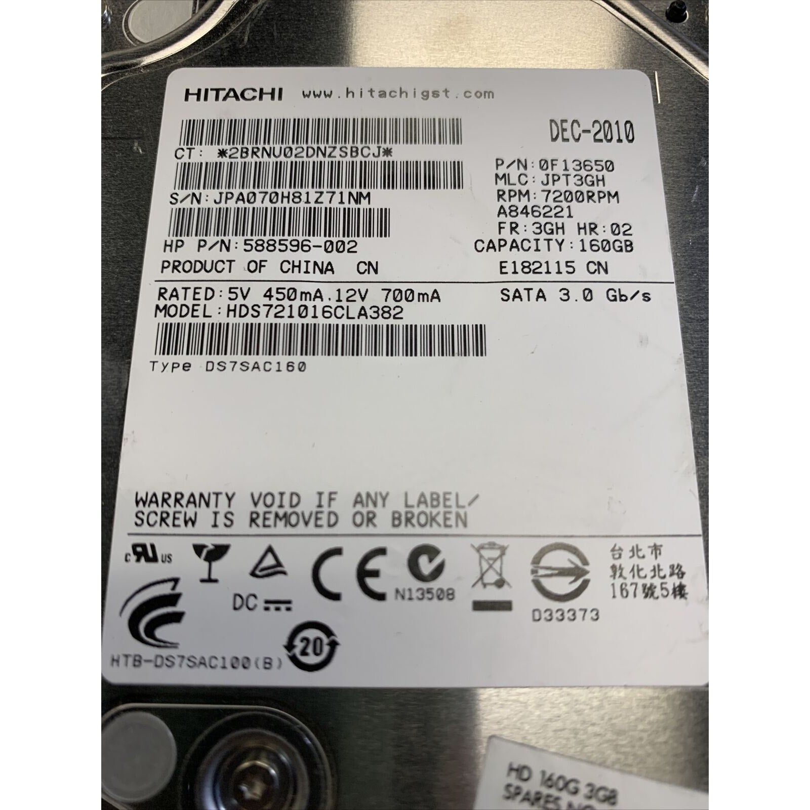 Hitachi 160GB 3.5” Hard Drive HP P/N: 588596-002 0F13650 7200 RPM SATA 3.0 Gb/s