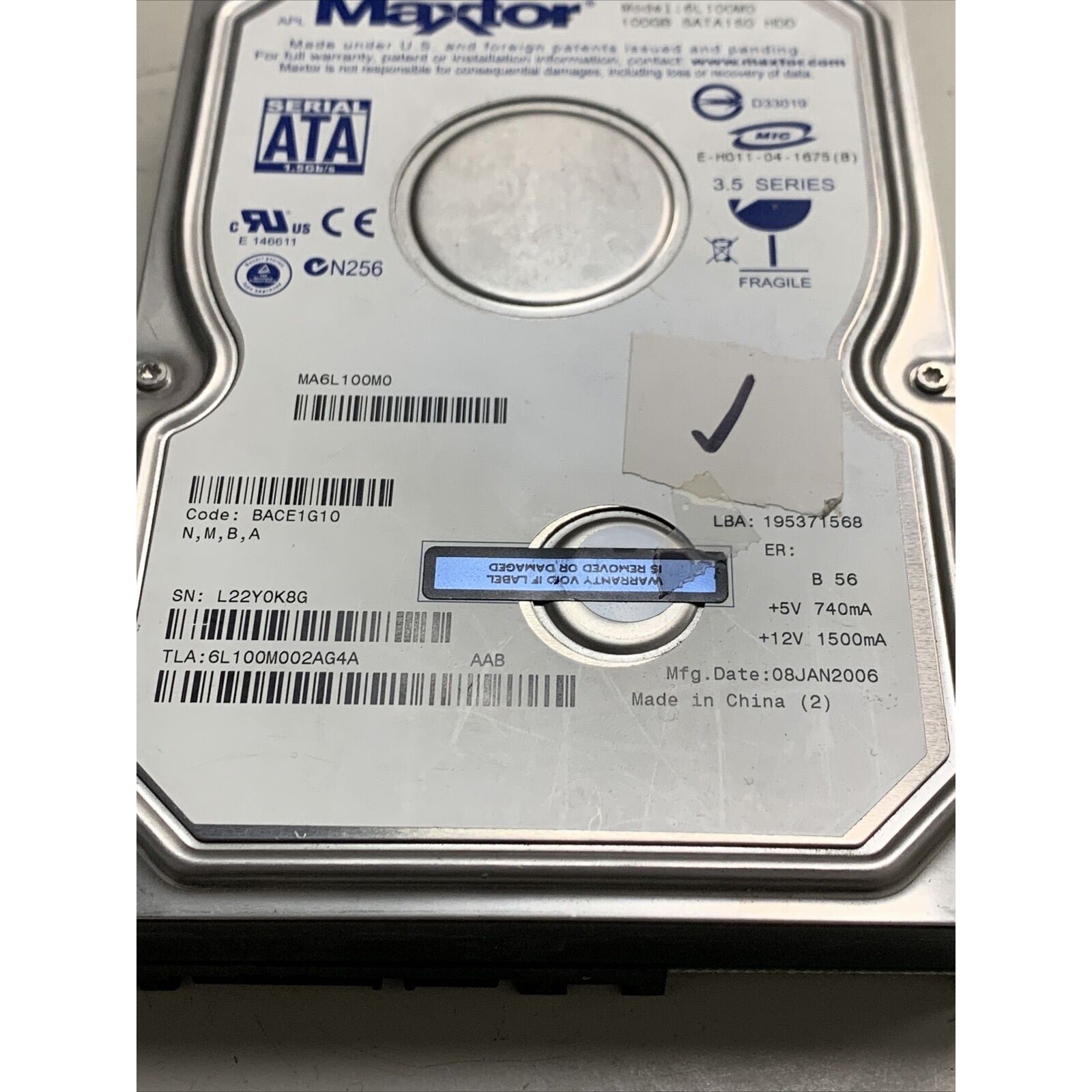 Maxtor 6L100M0 100GB SATA/150 7200RPM 8MB Hard Drive Very Good