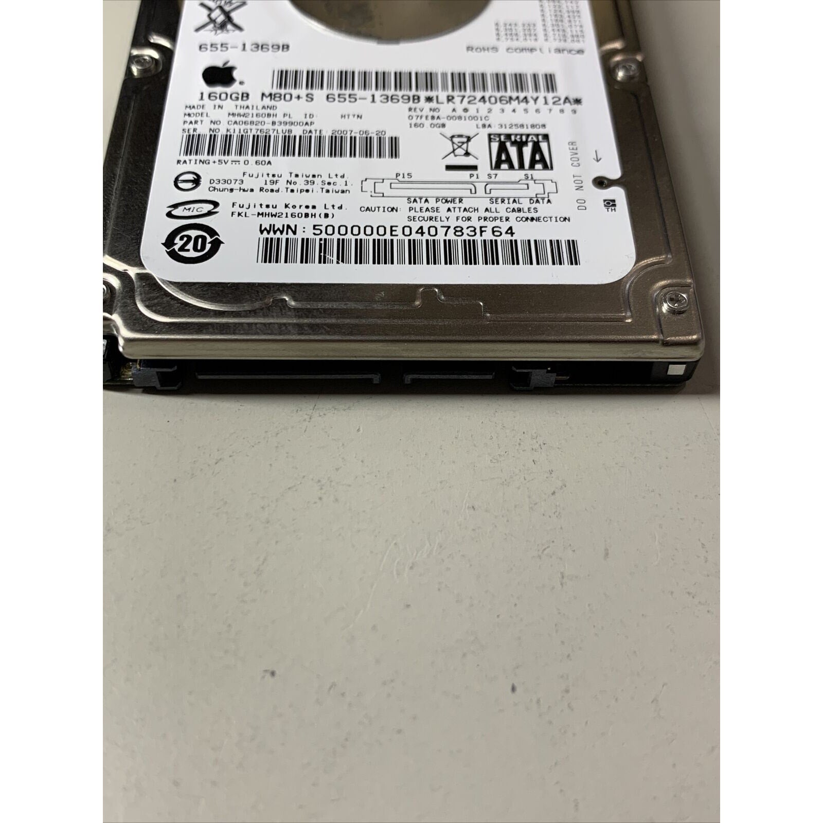 Fujitsu MHW2160BH PL 160GB 2.5" SATA Apple HDD 655-1369B 07FD9A CA06820-B39900AP