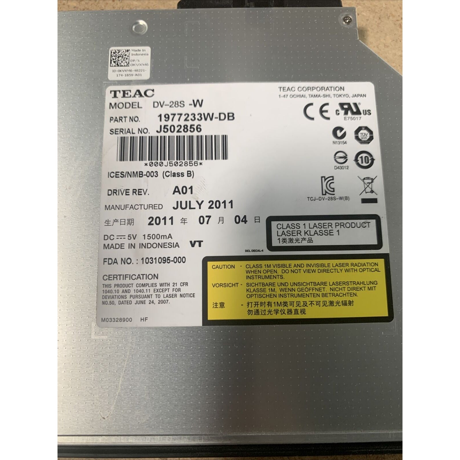 Genuine Dell PowerEdge R810 DVD ROM Optical Drive DV-28S-W KVXM6