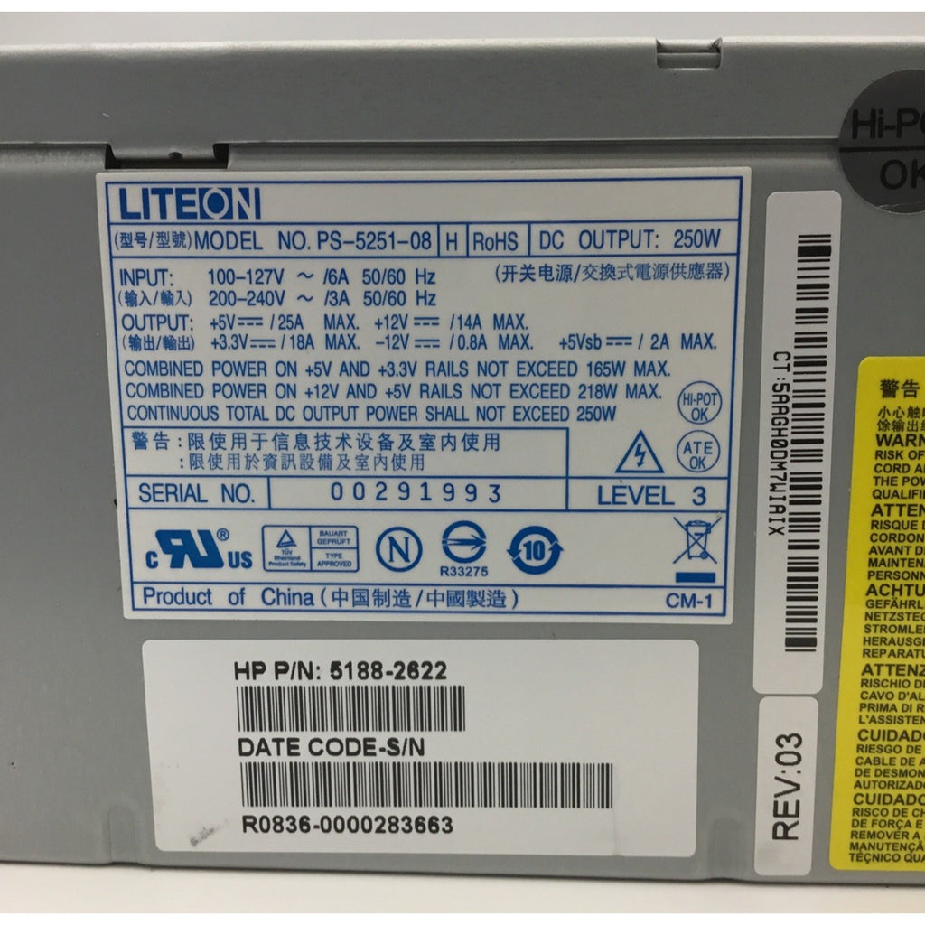 Liteon PS-5251-08 H REV 05 250W Power Supply 5188-2622