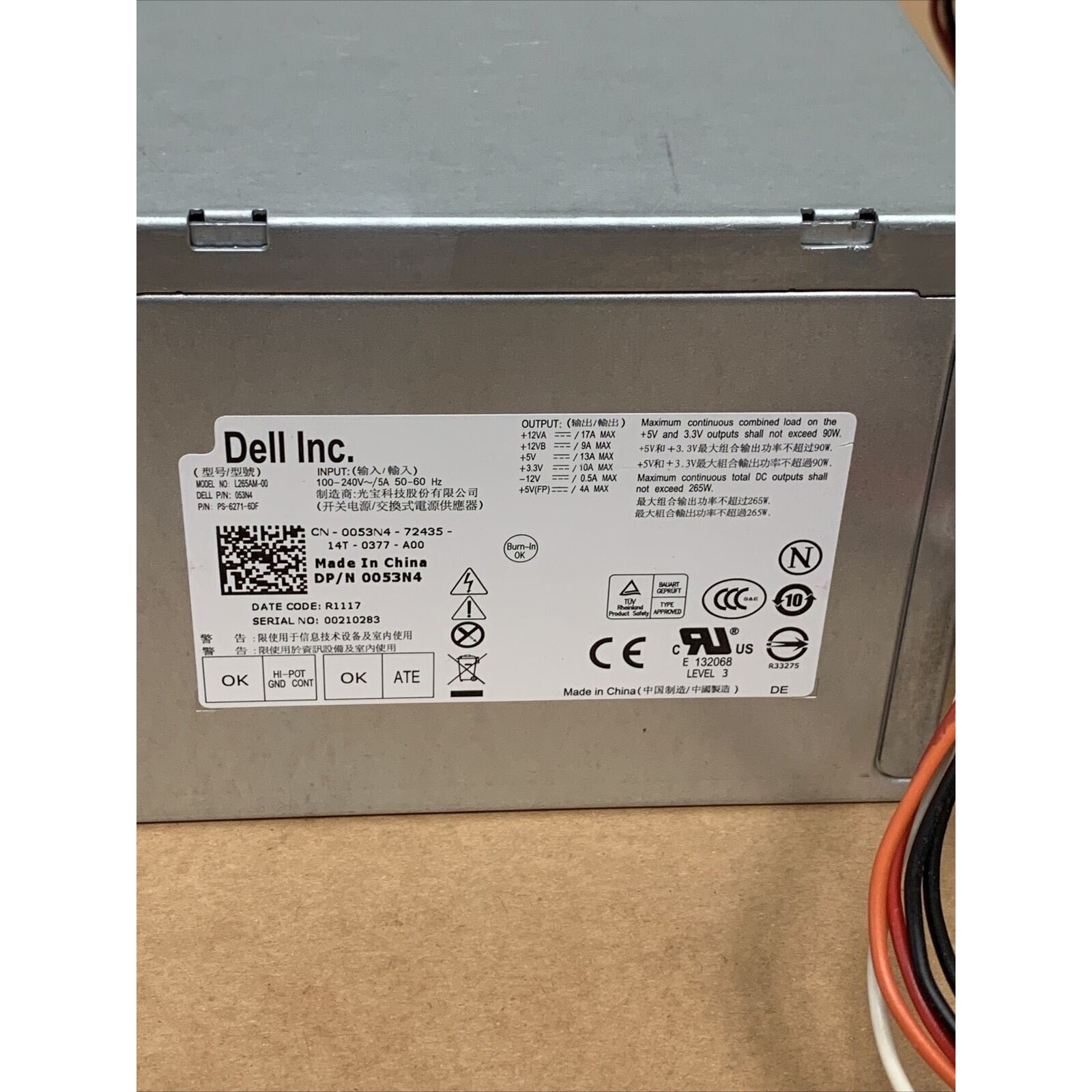 Dell 265W Power Supply 24-Pin Optiplex 3010 7010 9010 0053N4 L265AM-00 TESTED