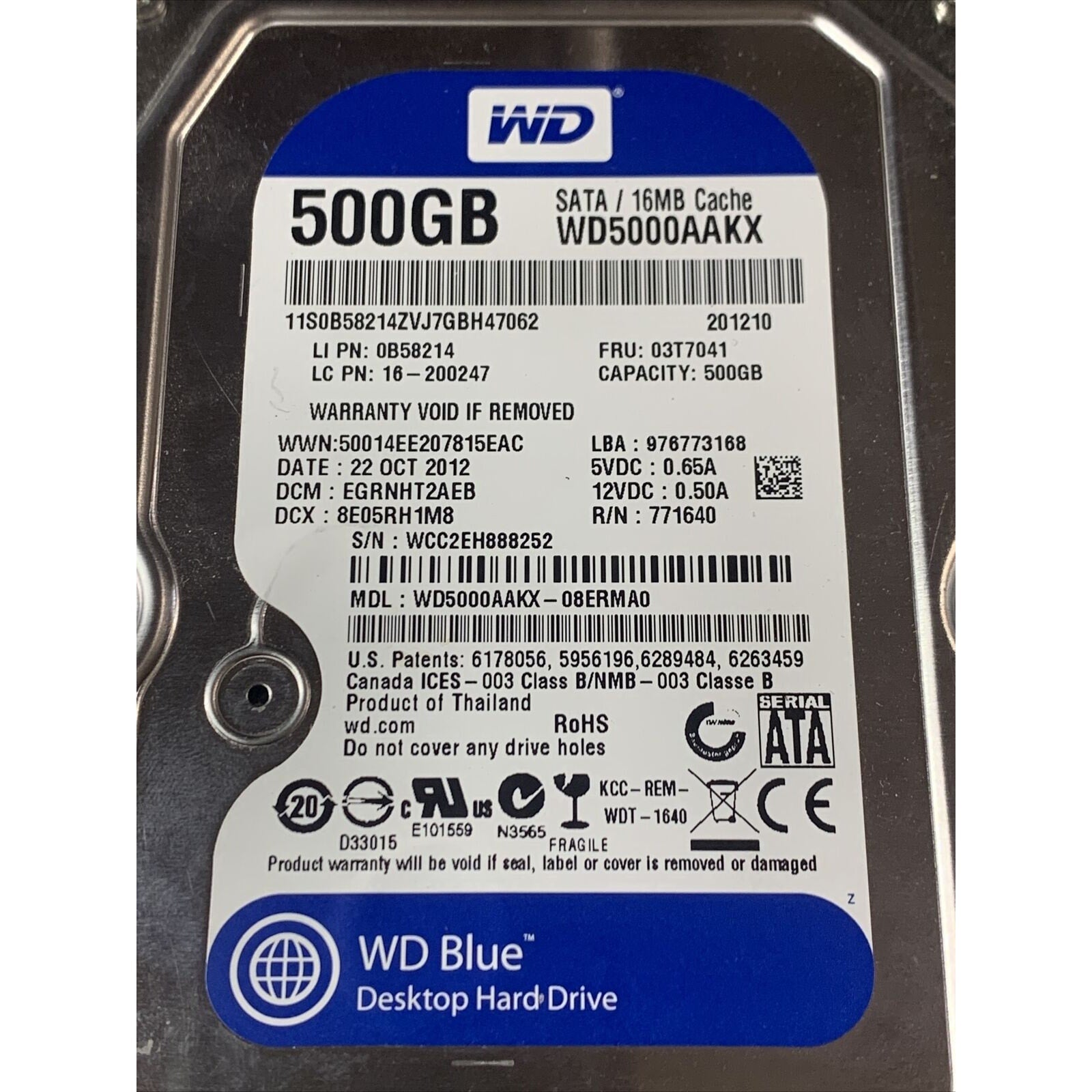 WD Blue 500GB SATA 3.5" Hard Disk Drive WD5000AAKX-08ERMA0 PCB: 2060-771640-003