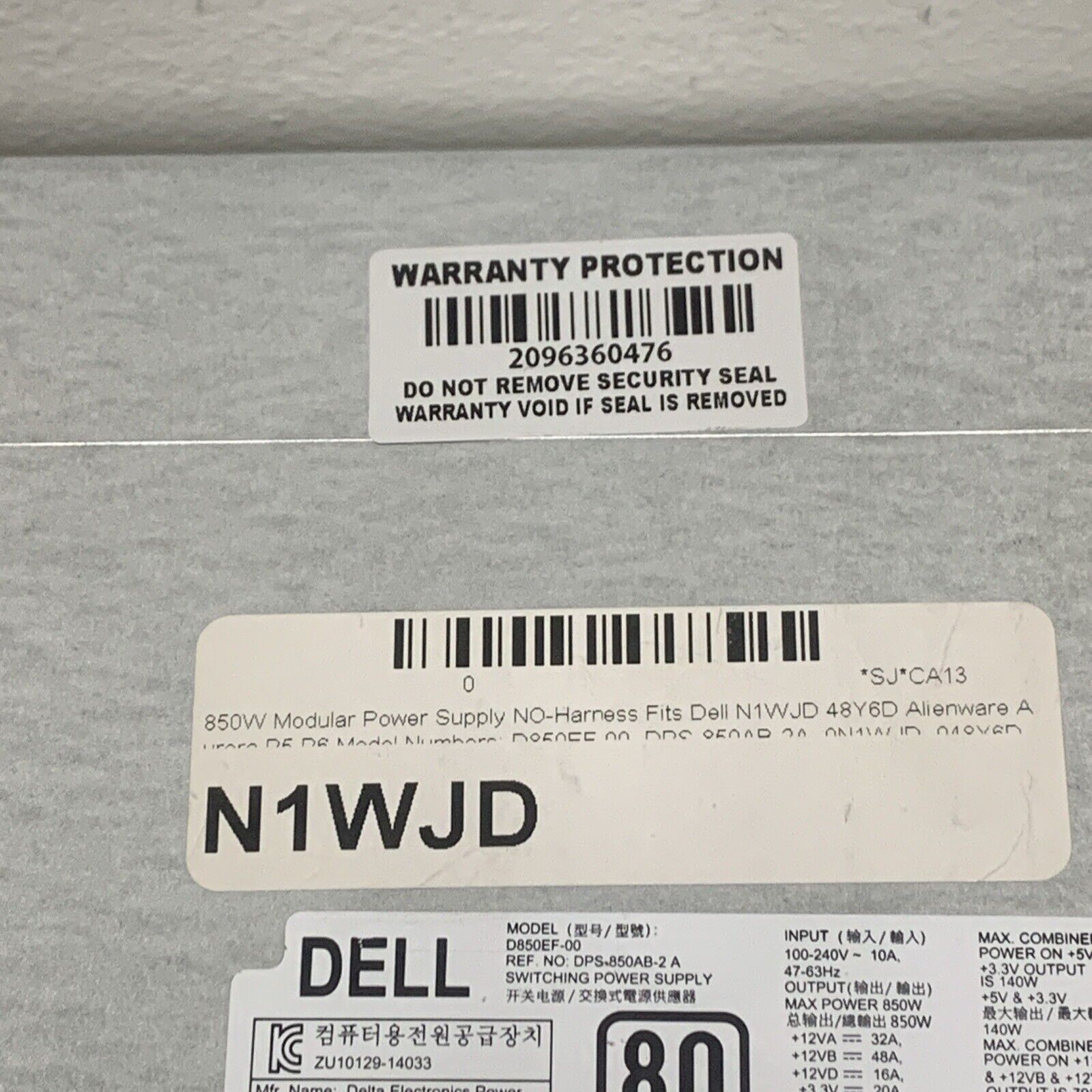 Dell 48Y6D N1WJD 850W PSU Power Supply XPS Alienware Desktop D850EF-00 No Cables