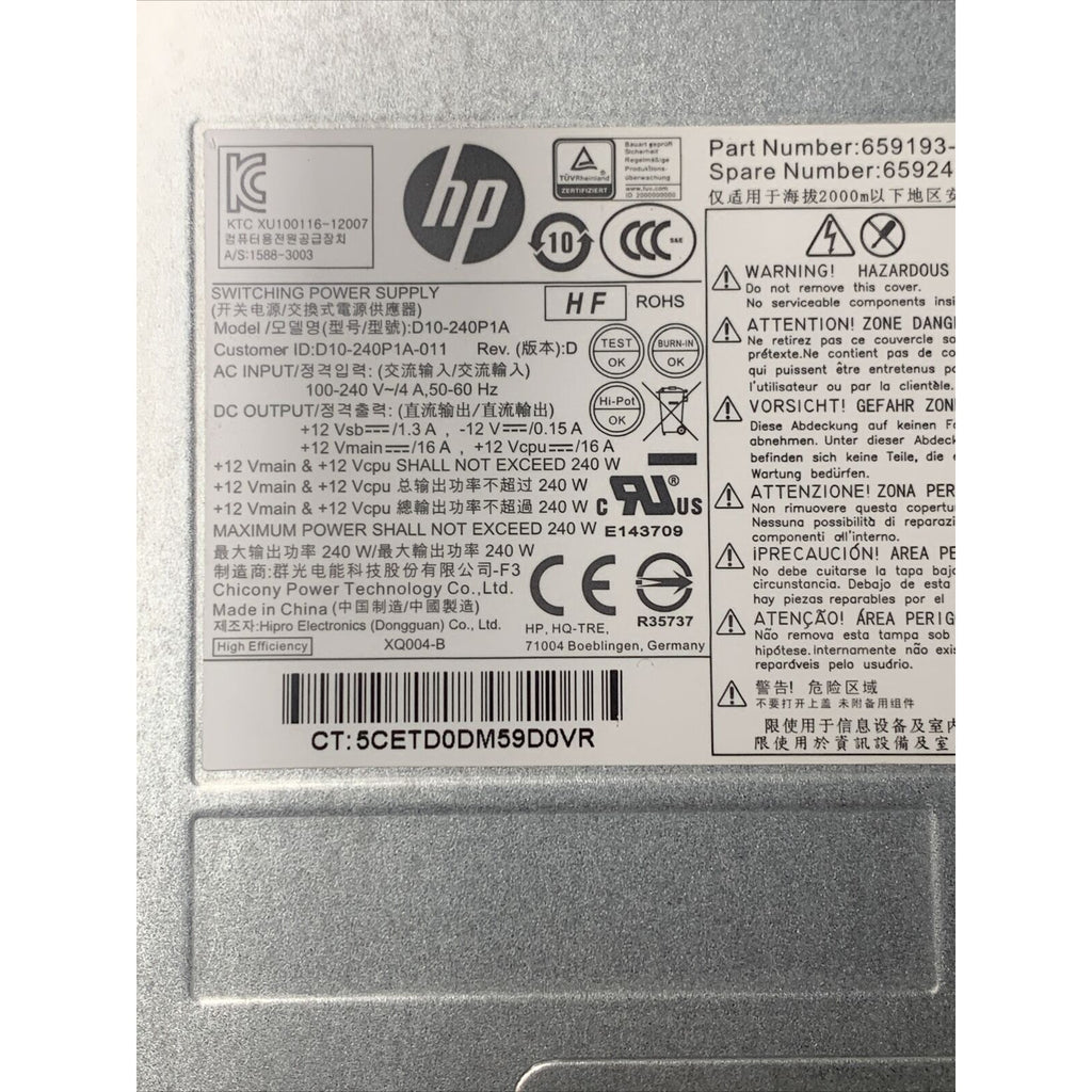 HP 659193-001 Elite 8200/RP5800 D10-240P1A 240W Desktop Power Supply 659246-001